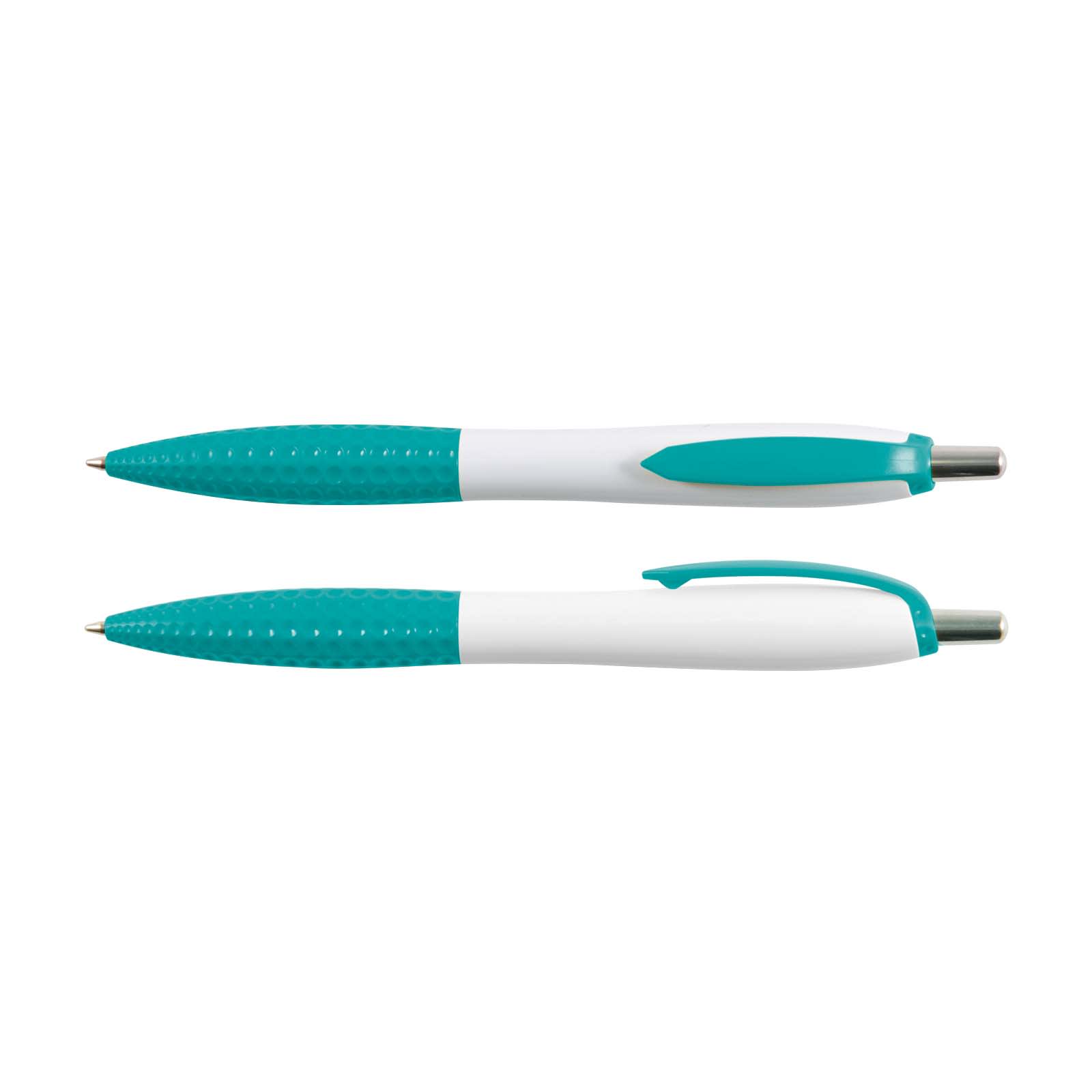 Two plastic pens in teal and white, featuring textured grips and a click mechanism. Each pen has a branding logo.