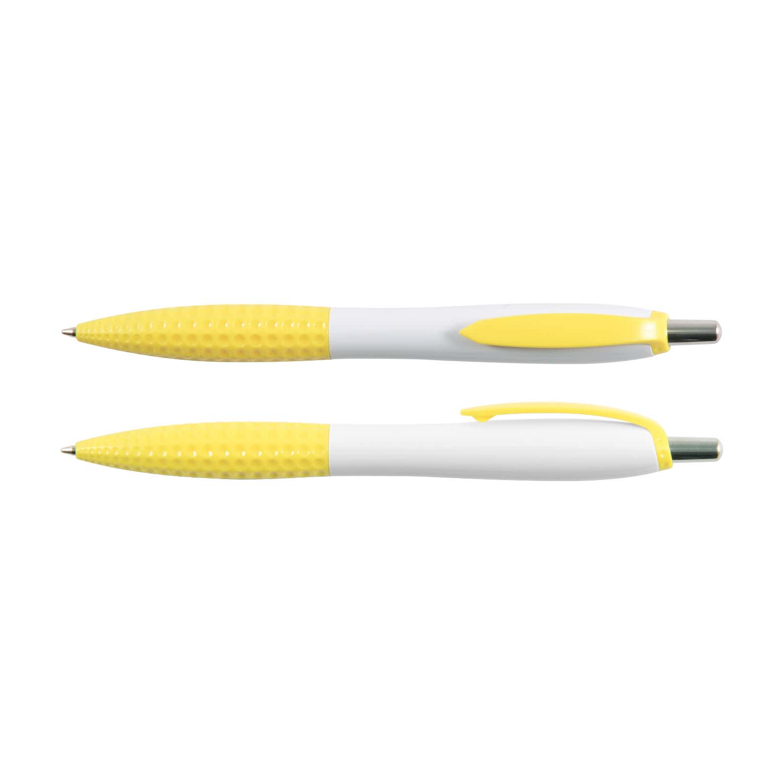 A writing product featuring two plastic pens in white and yellow colors, designed with a textured grip for comfort.