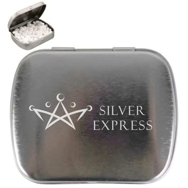A silver tin containing sugar-free breath mints with a smooth, metallic finish and white mints inside.