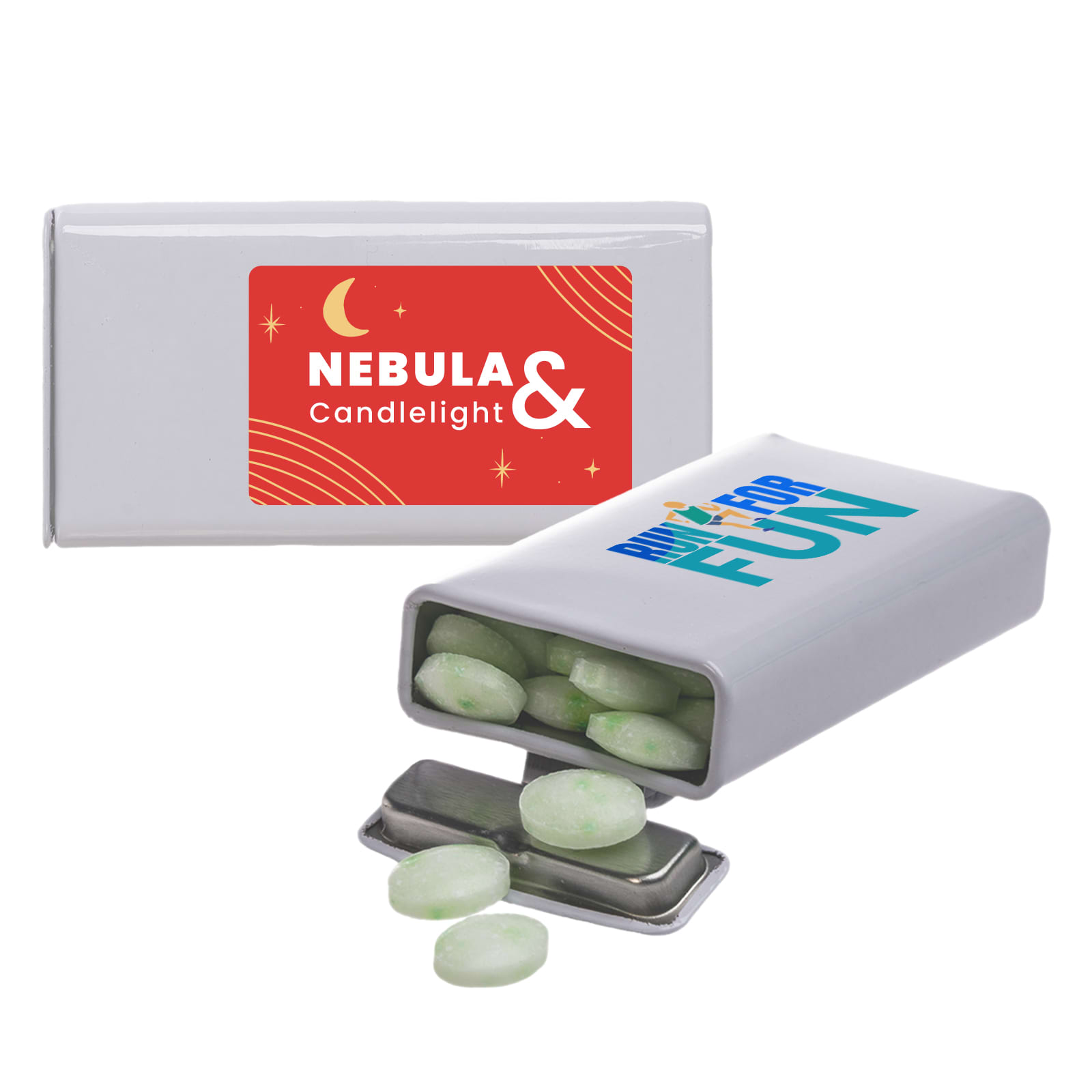 A flip top tin containing spearmint mints. The tin features a colorful label and holds several green mints inside.