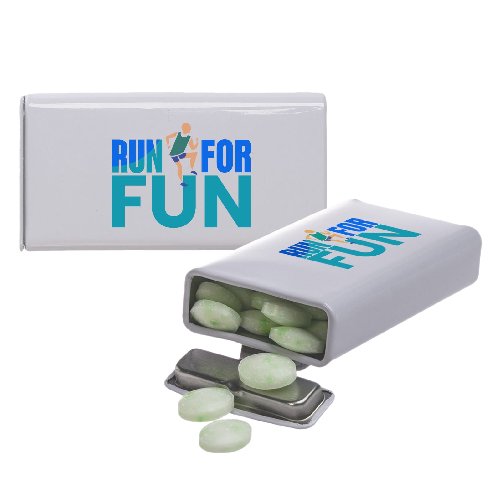 A silver flip-top tin filled with green spearmint candies, featuring a logo on the lid.