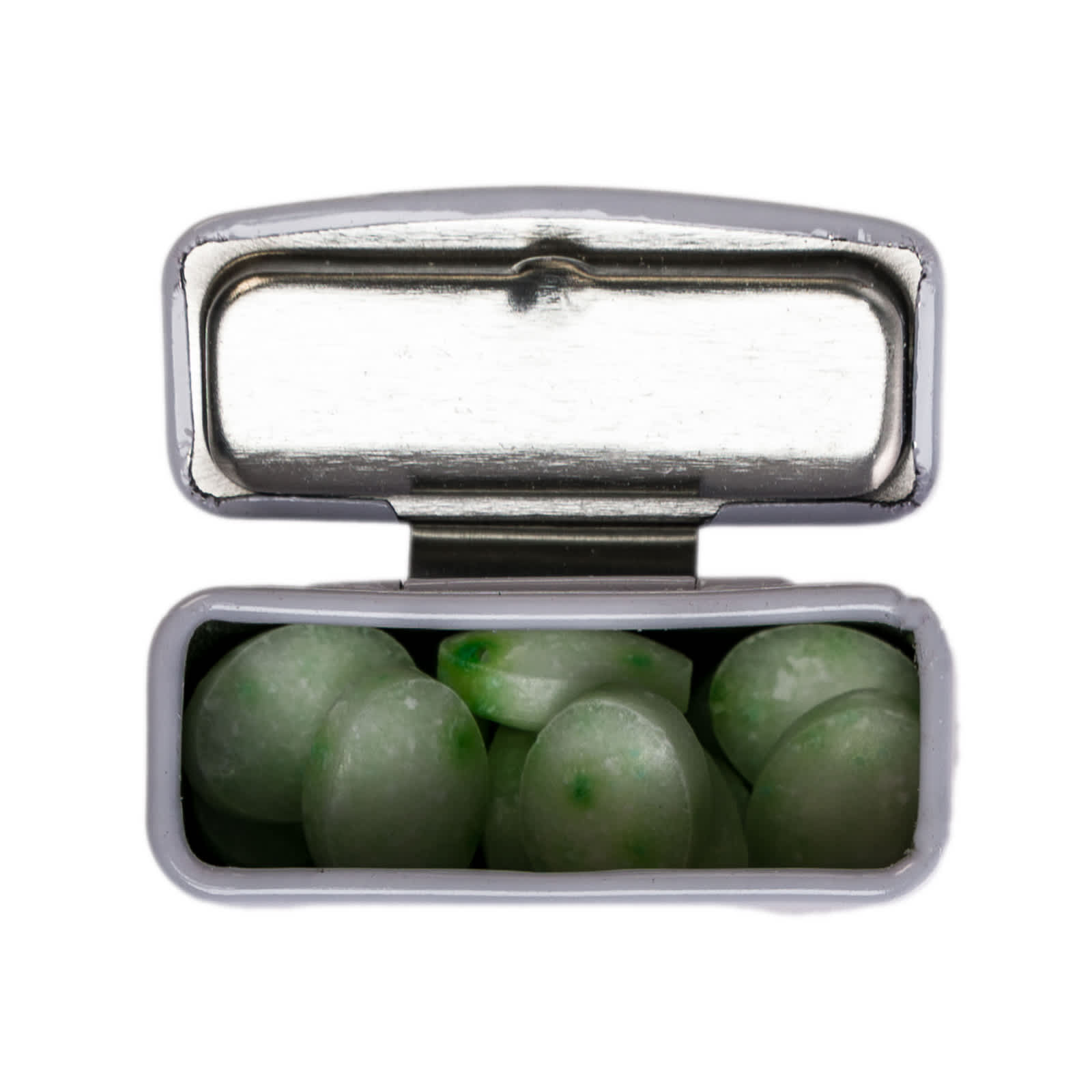A flip-top tin containing spearmint candies, showcasing green mint pieces inside. The tin has a silver finish.