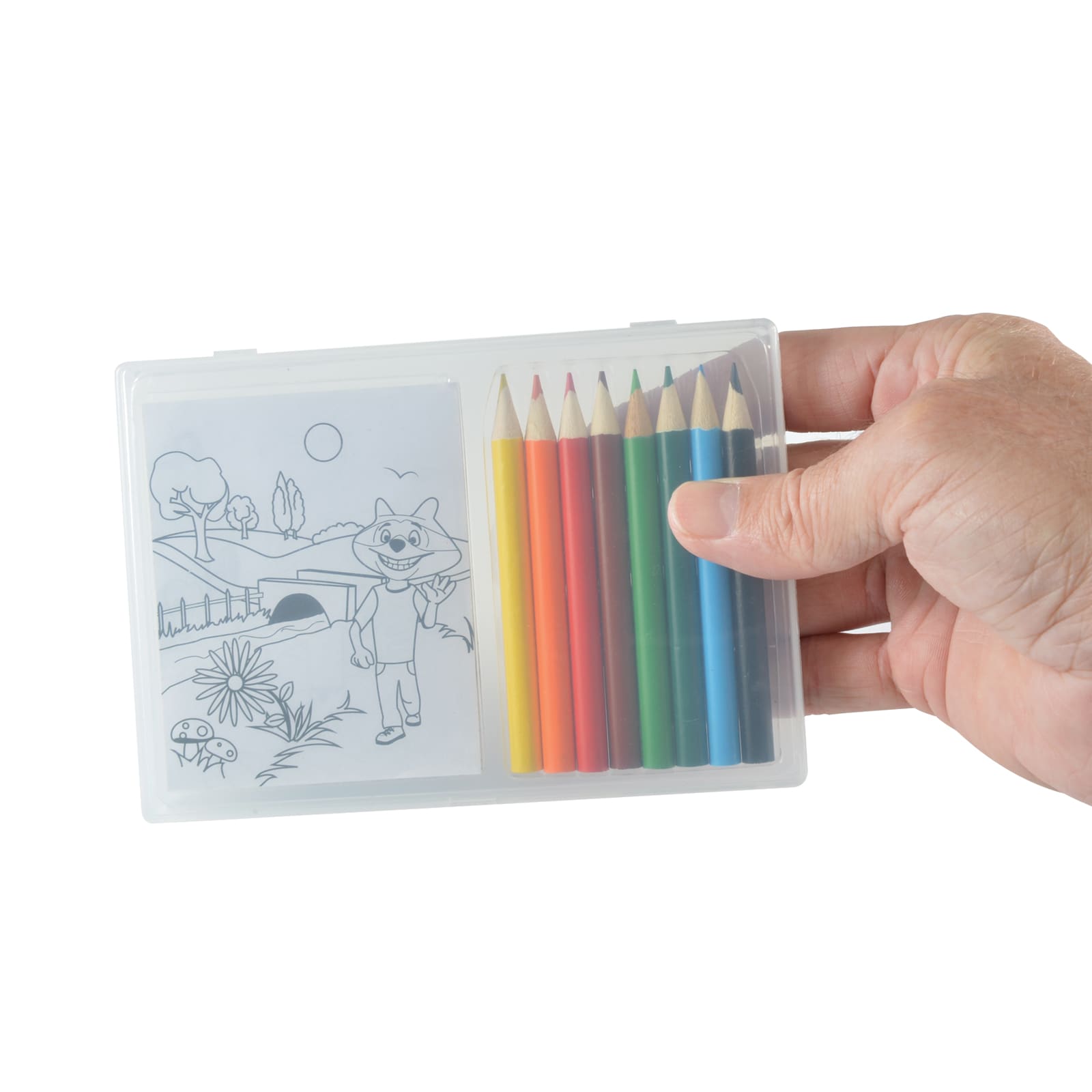 A hand holding a clear case containing coloured pencils in various colors and a drawing pad with a printed image.