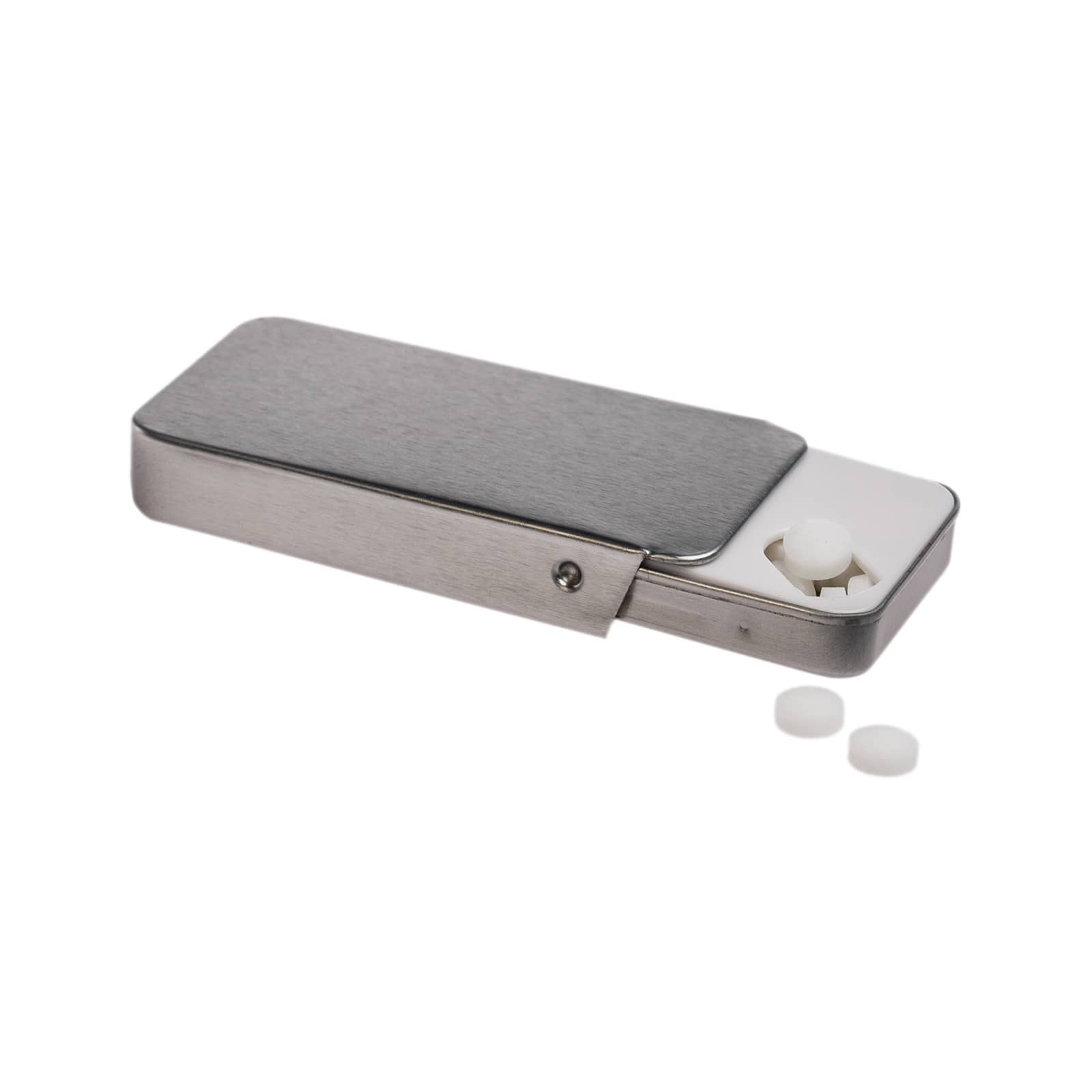 A slider tin containing sugar-free breath mints alongside several white mints scattered on a blue textured background.