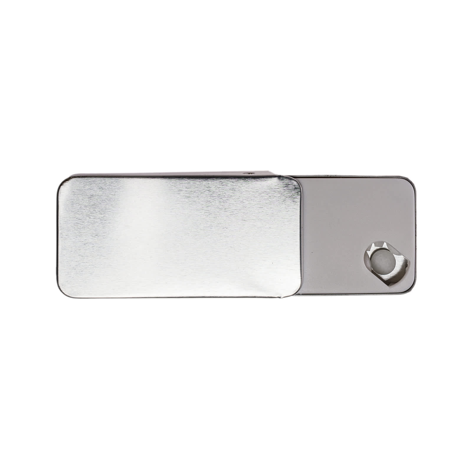 A sleek silver slider tin containing sugar-free breath mints, with a couple of mints beside it.