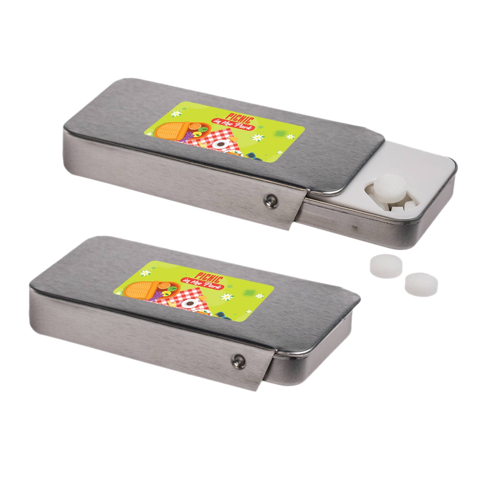 A silver slider tin containing sugar-free mints, featuring a nutrition label on the front.