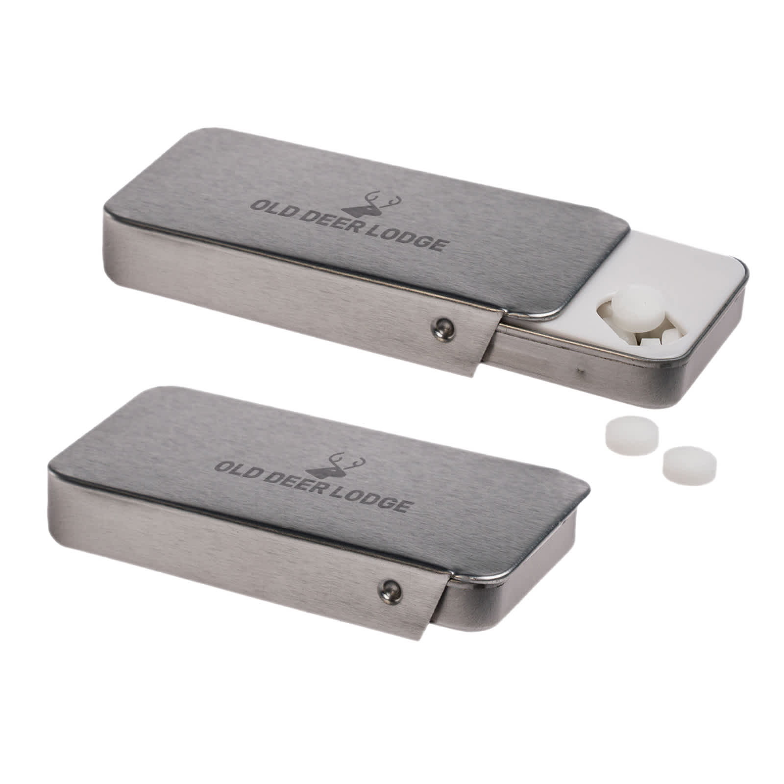A slider tin containing sugar-free breath mints. The tin has a sleek, shiny metallic finish.