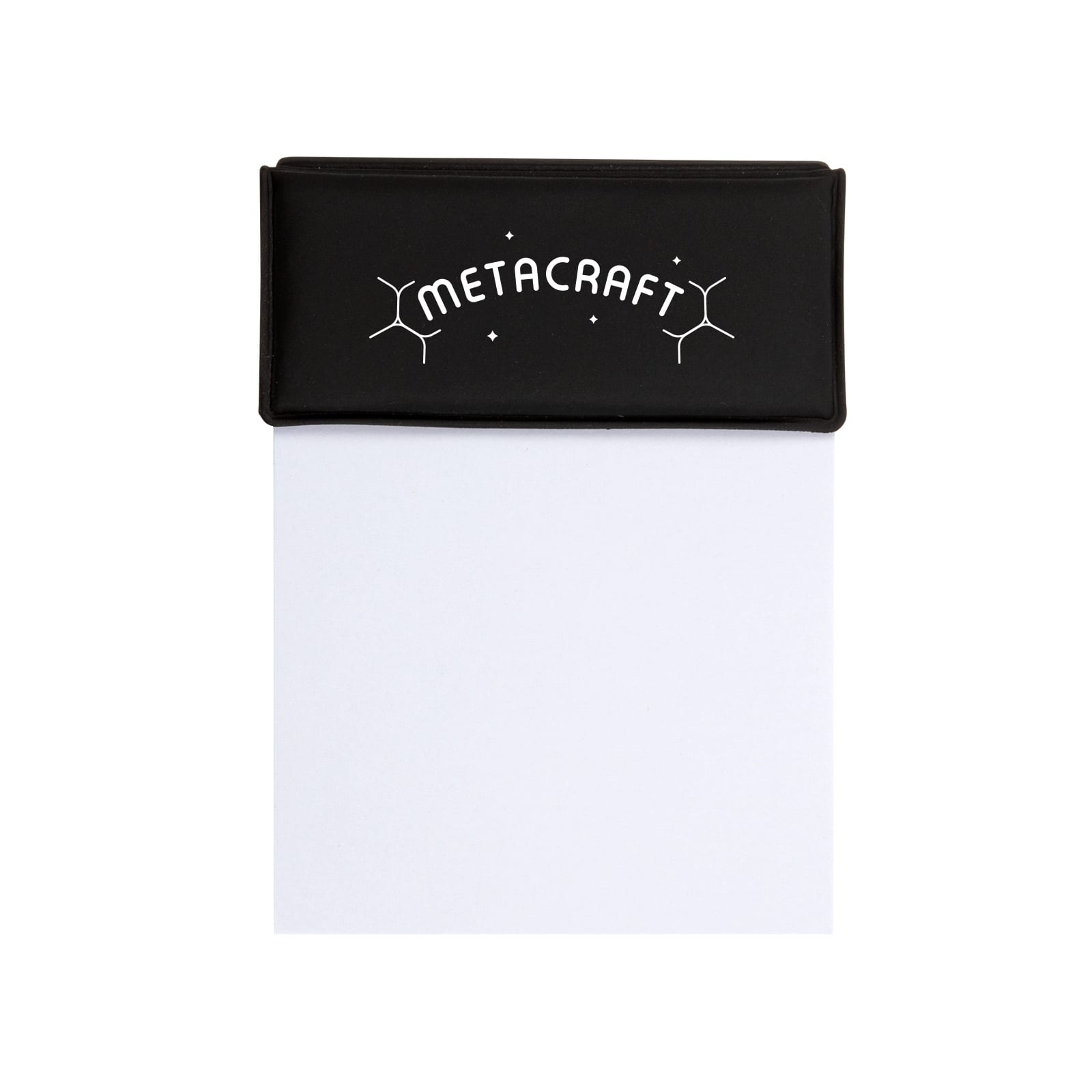 A black memo pad with a textured cover and a white notepad inside. It features a logo on the front.