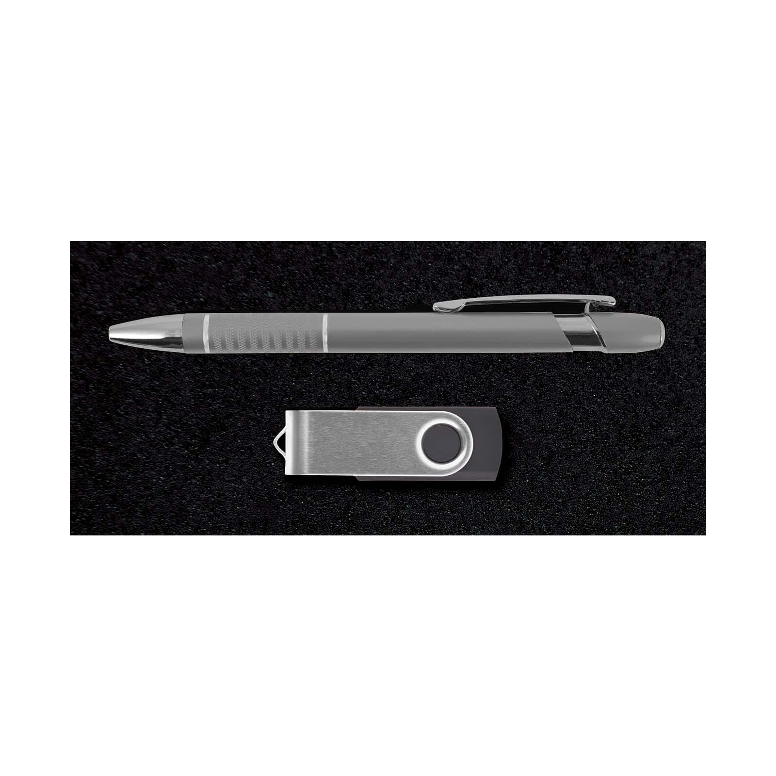 A silver pen and a silver USB drive, presented on a dark textured background, includes branding elements.