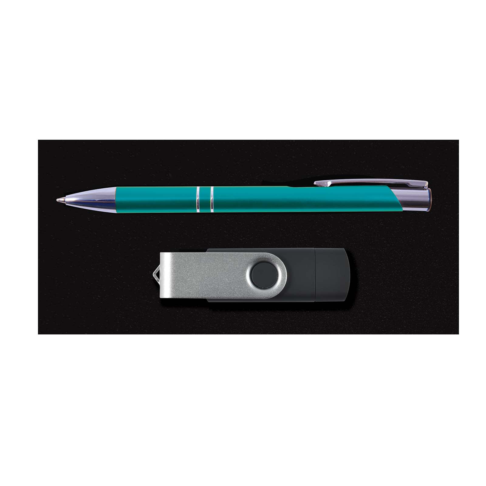 A teal pen and a silver and black flash drive arranged on a dark background.