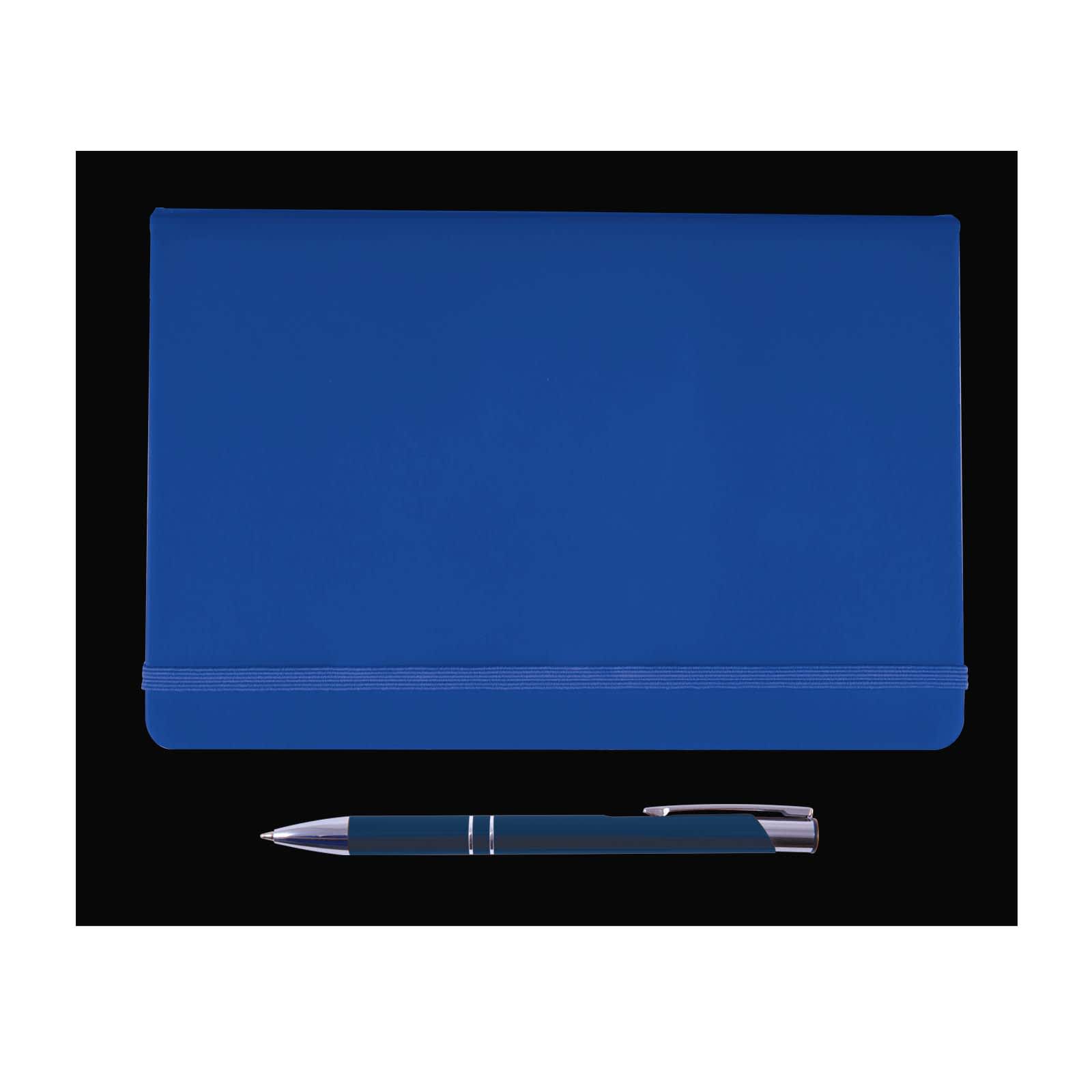 A blue folder with an elastic closure accompanied by a silver pen.
