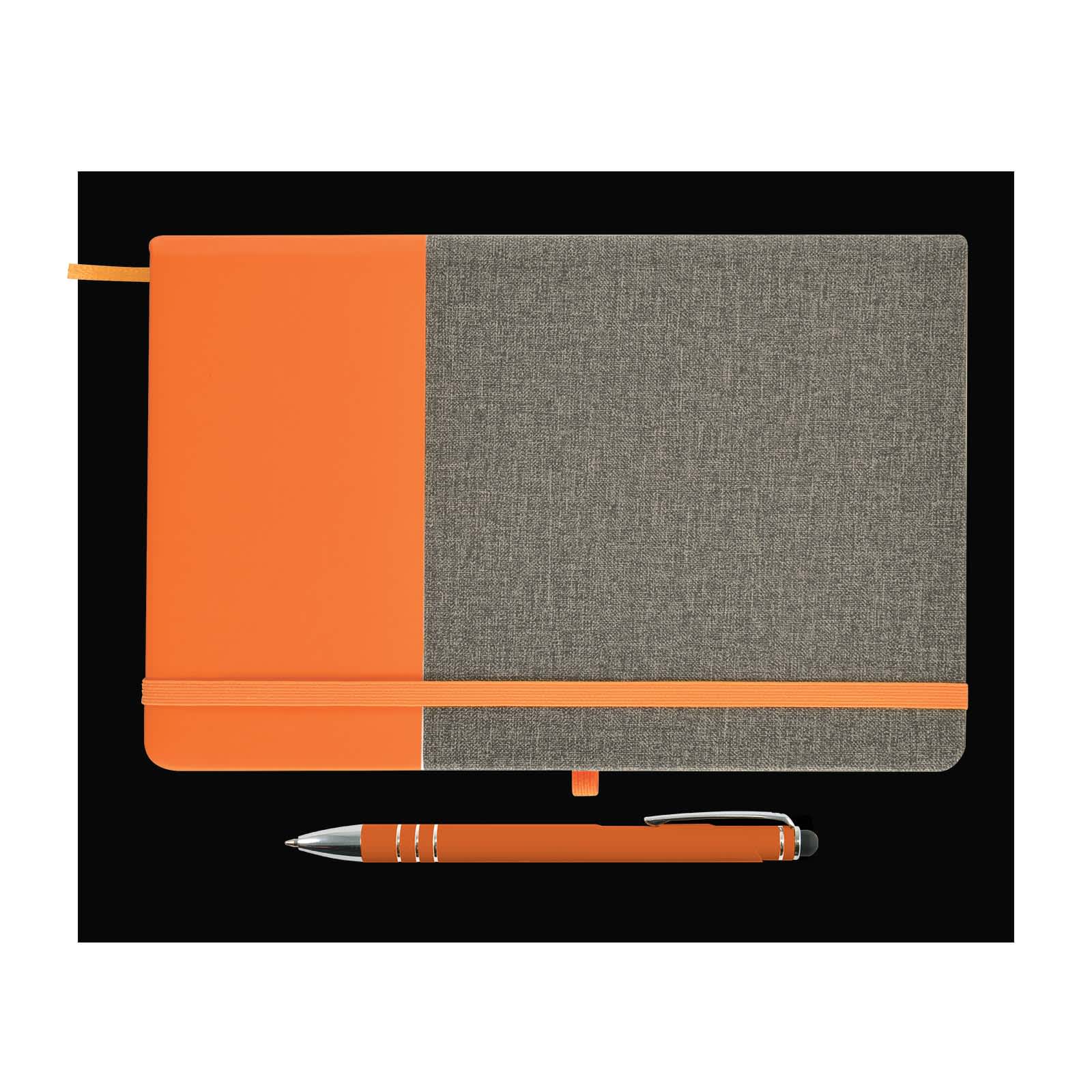 A notebook featuring a gray and orange design alongside a matching orange pen.