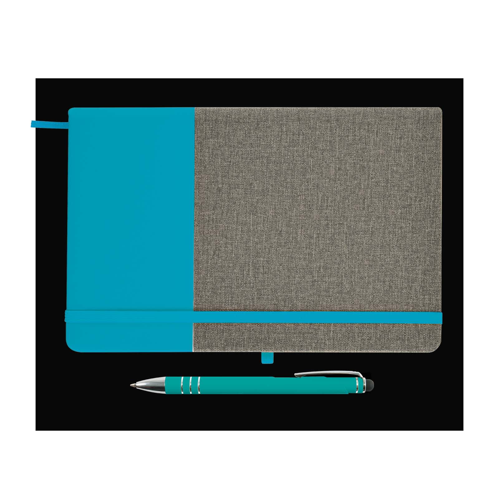 A notebook with a textured gray cover and teal accents, accompanied by a matching teal pen.