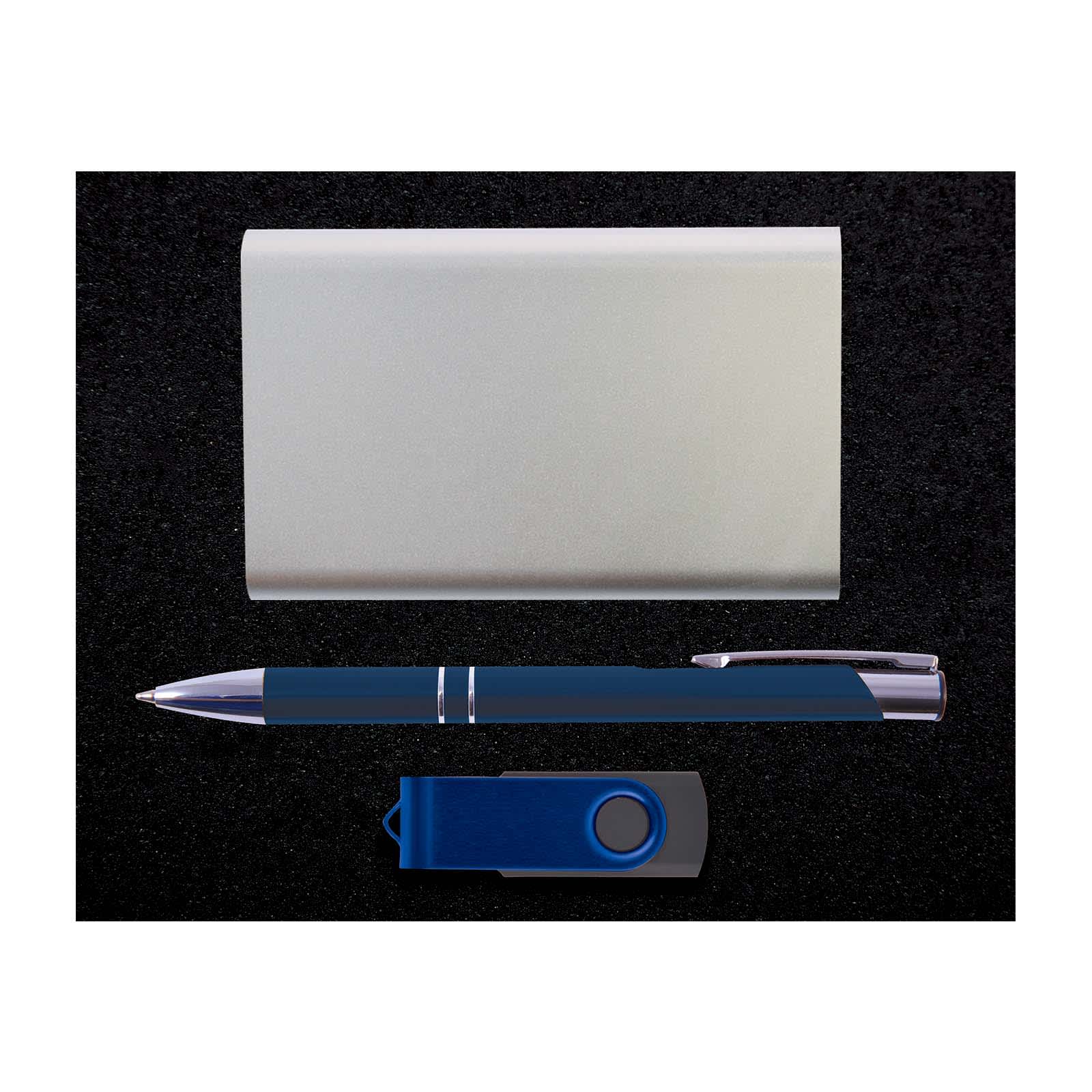 A powerbank gift set includes a sleek silver powerbank, a stylish blue pen, and a compact USB flash drive.