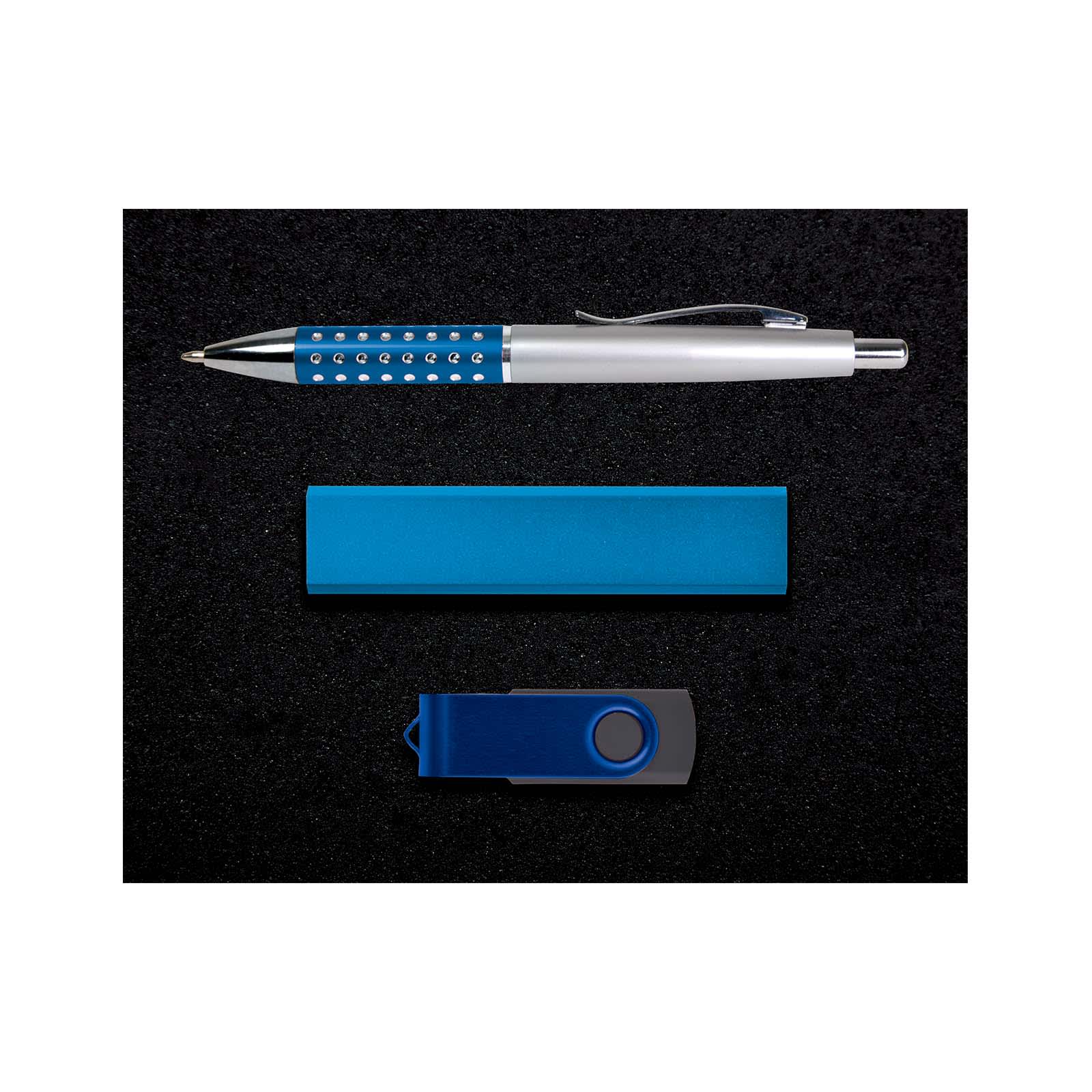 A blue pen and a blue USB drive on a black background, presented in a sleek gift set.