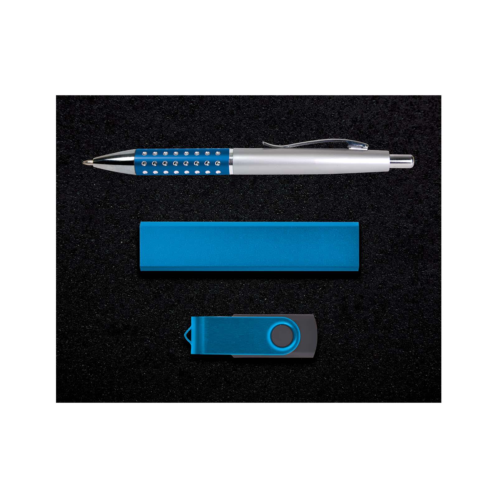 A blue and silver pen, a blue USB flash drive, and a blue storage case on a black background.