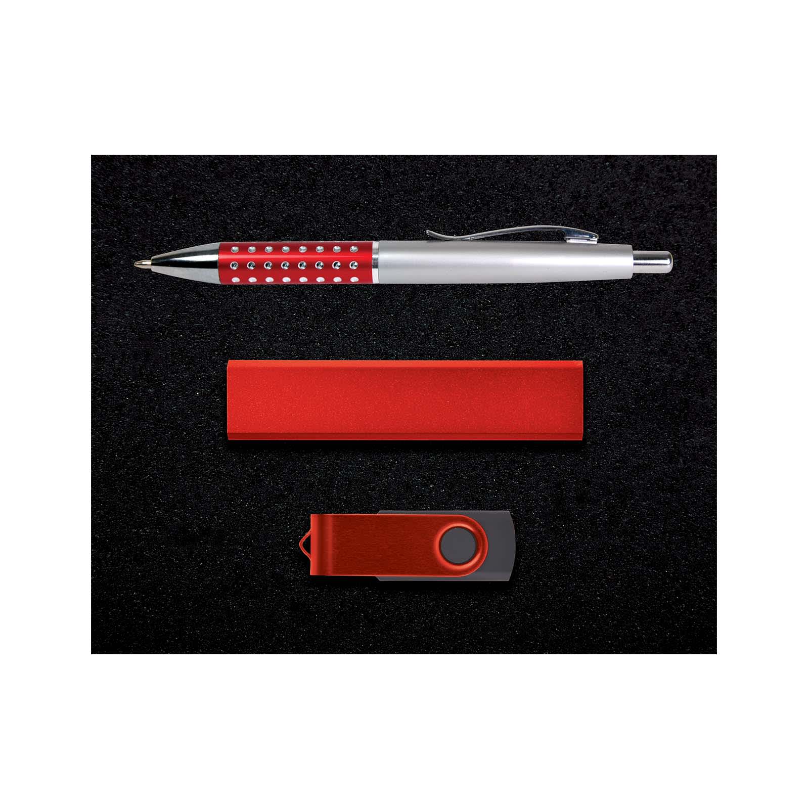 A pen with a red and silver design, a red USB flash drive, and a matching red case.