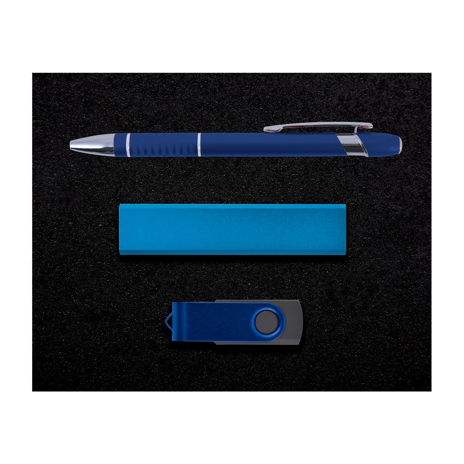 A blue pen, a blue USB drive, and a blue rectangular item, all presented on a black background.