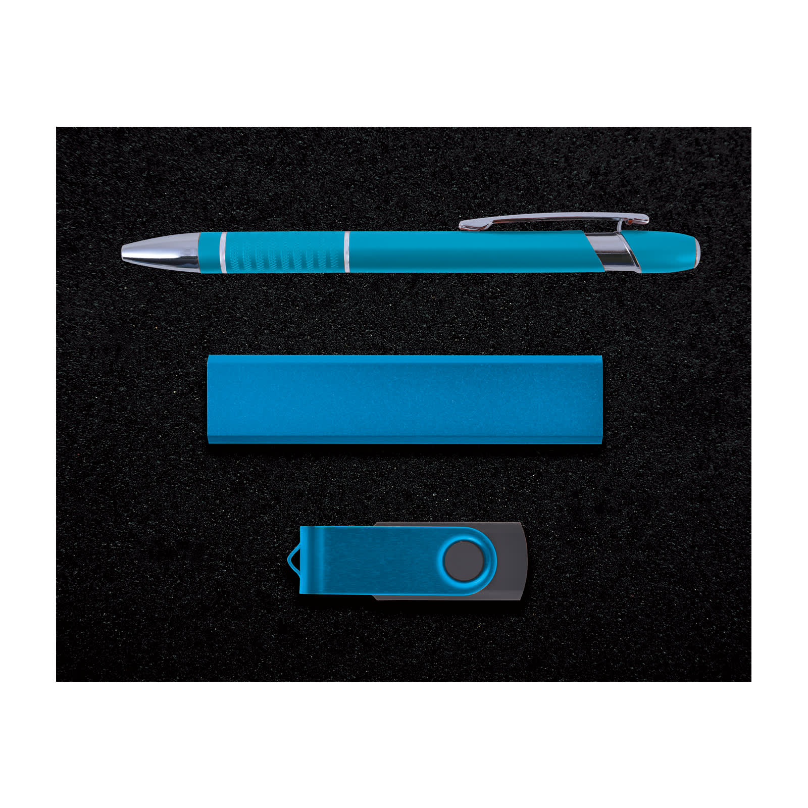 A pen, a USB flash drive, and a stylized metal case, all in a vibrant blue color, arranged on a black background.