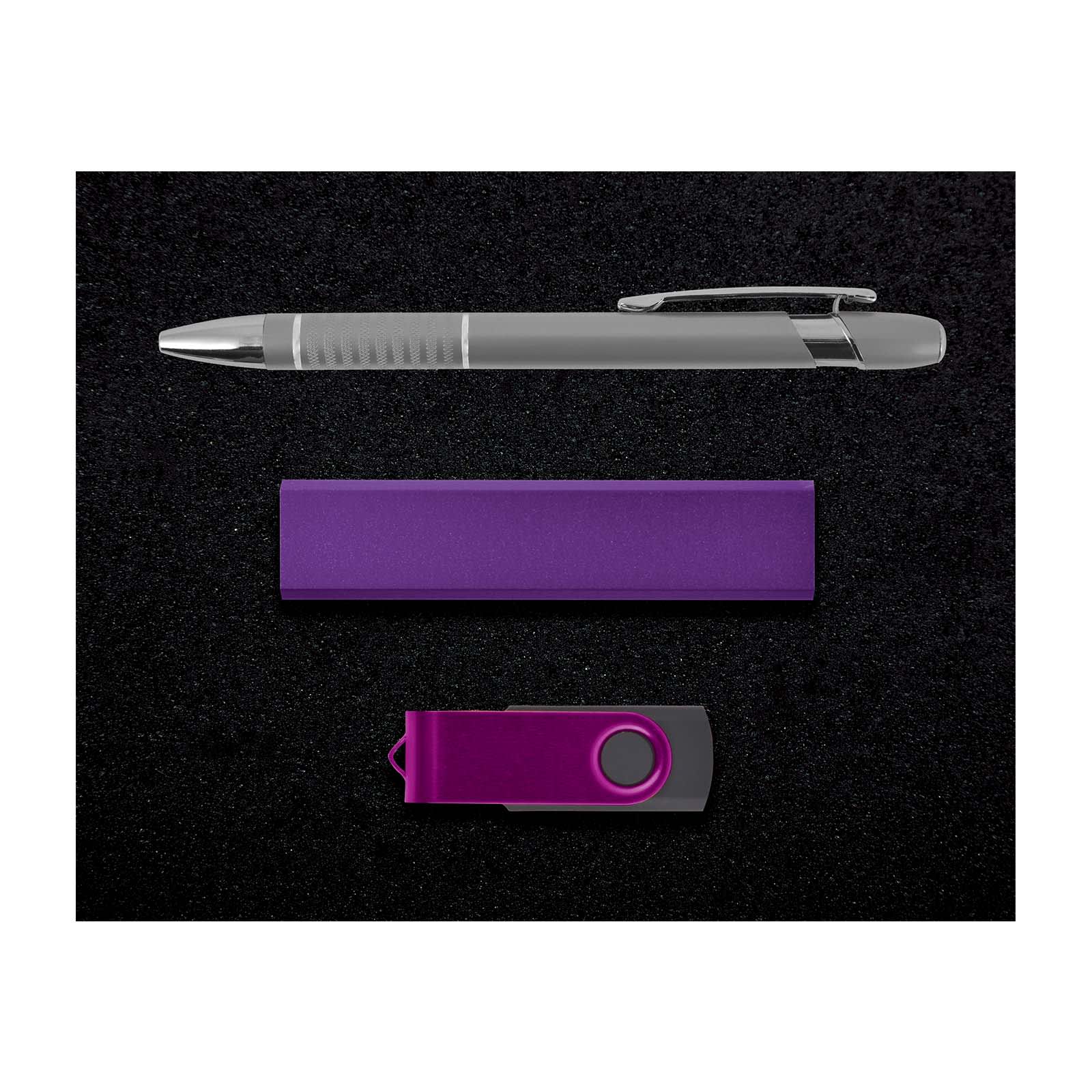A pen, a purple USB flash drive, and a purple case are arranged together in this Sass Gift Set.