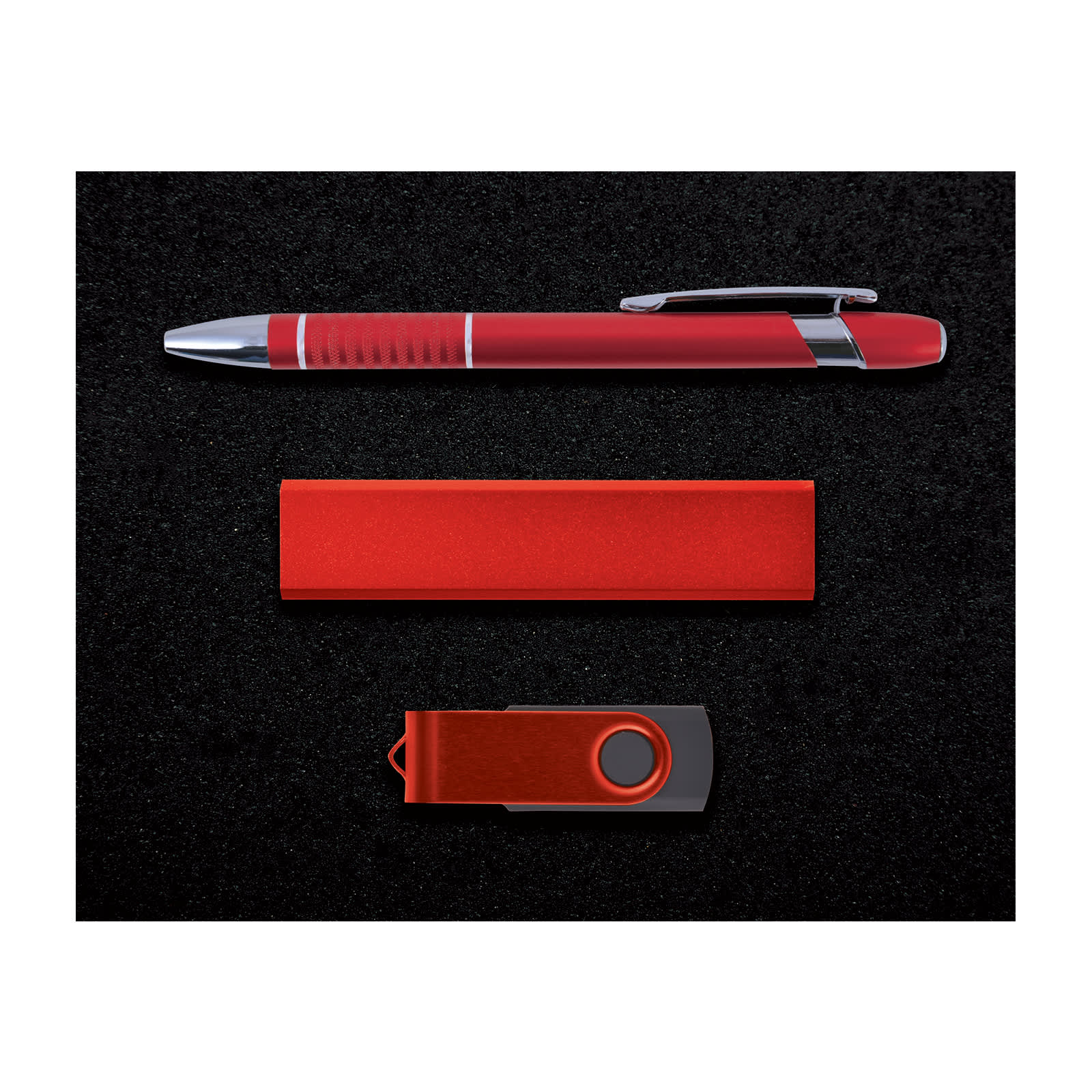 A red pen, a red USB flash drive, and a red metal cardholder arranged on a dark background.