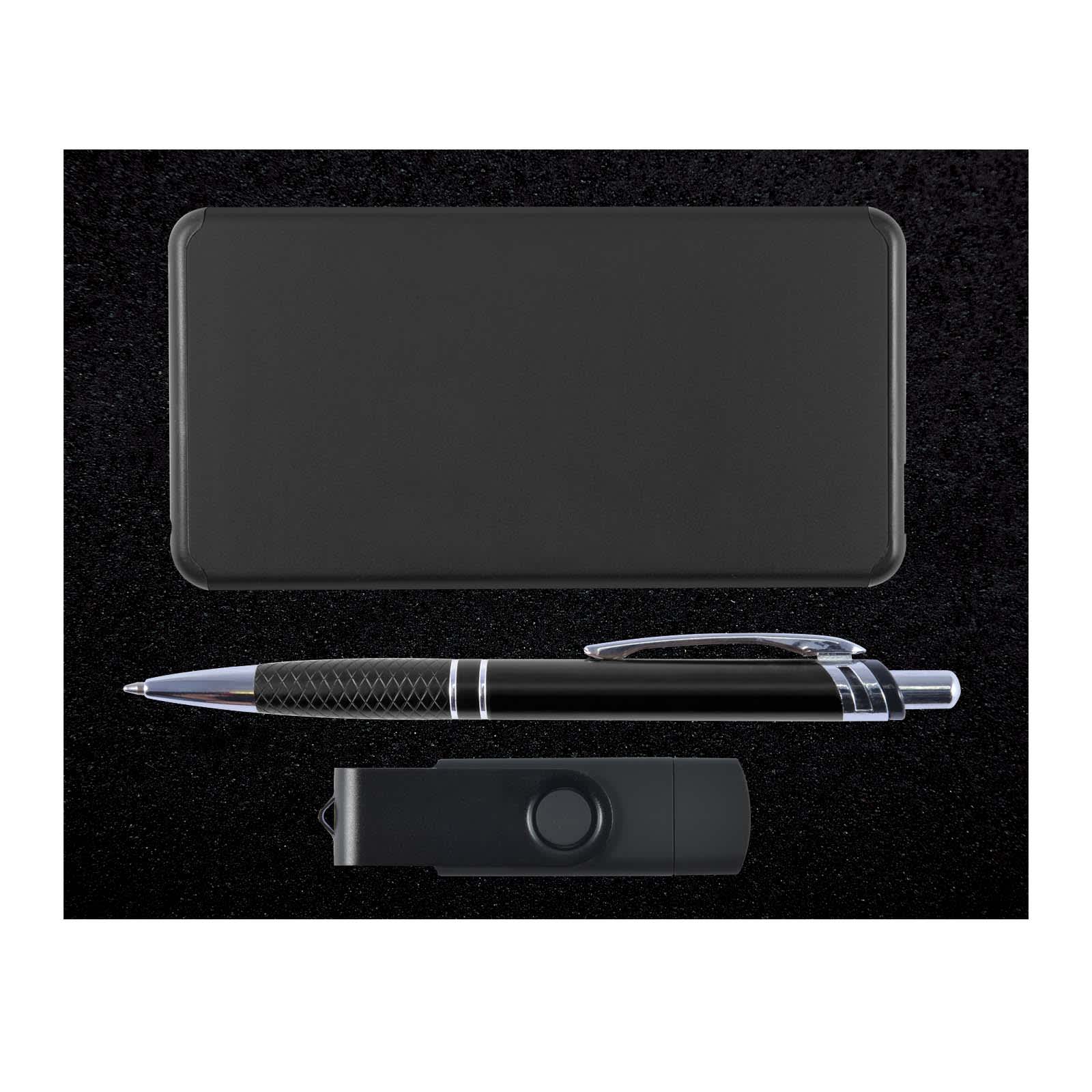 A pen, a USB drive, and a cardholder are displayed together in a sleek black gift set.