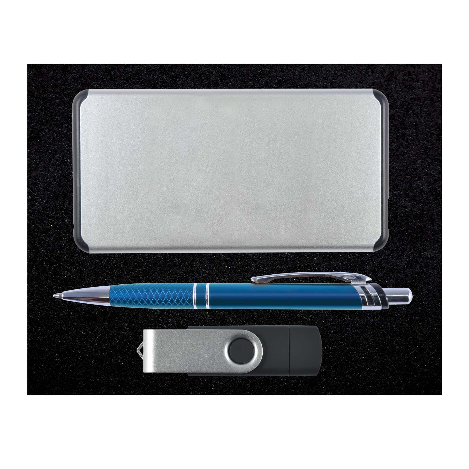 A drink bottle, a pen, a USB flash drive, and a sleek metal case are arranged together in a gift set.