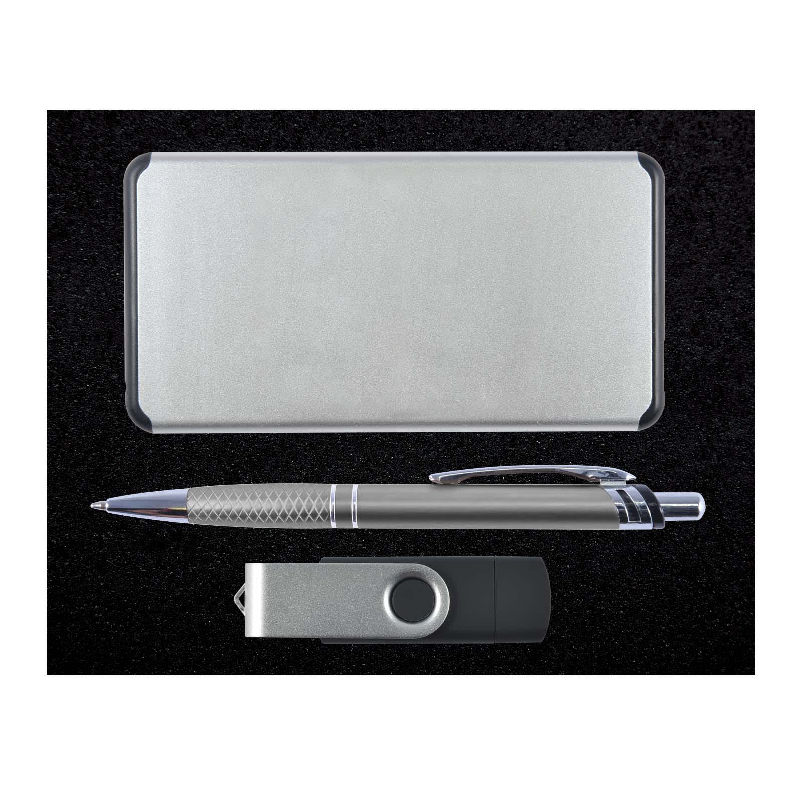 A sleek silver gift set featuring a metallic pen, a USB drive, and a card holder.