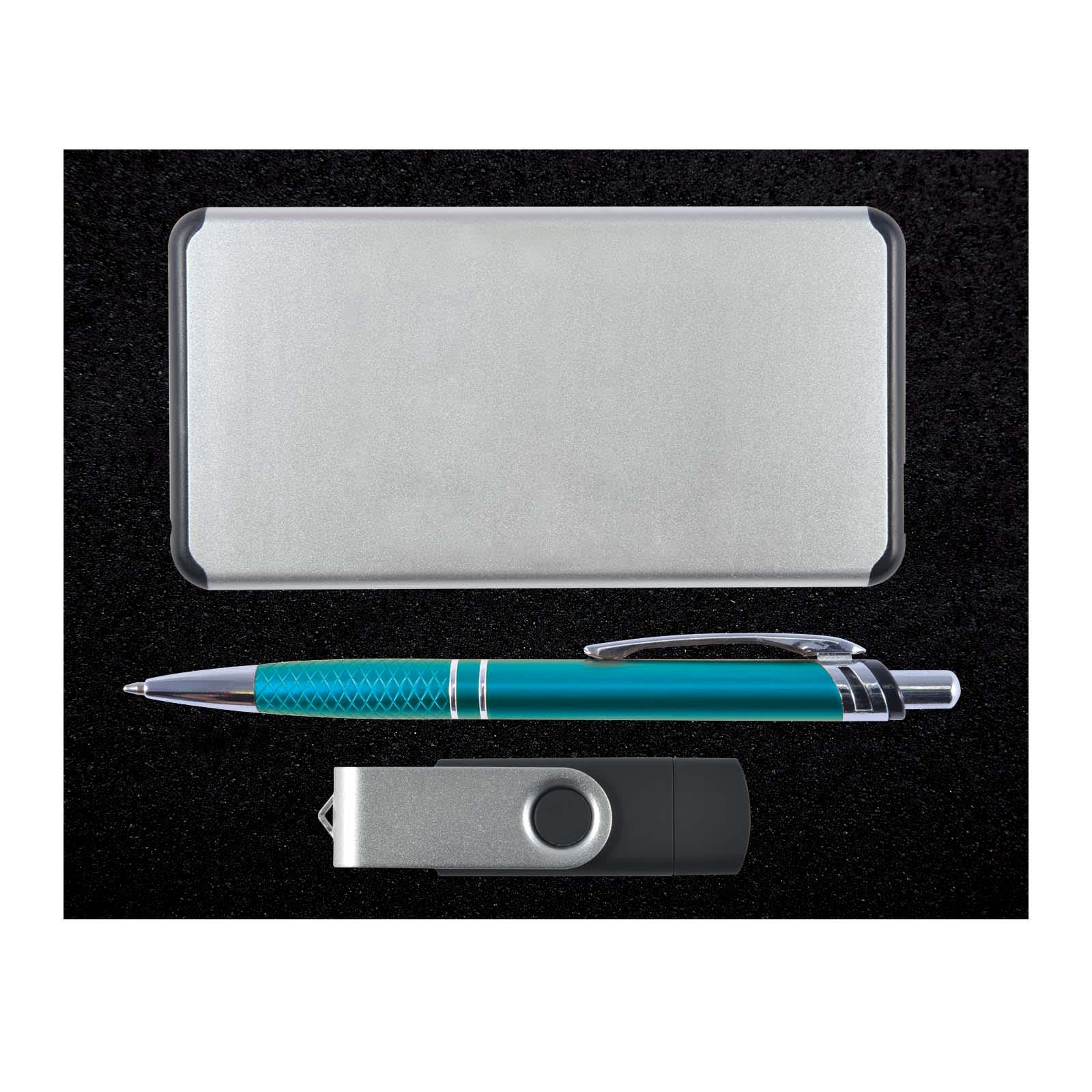 A silver gift box containing a teal pen and a dark gray USB drive.