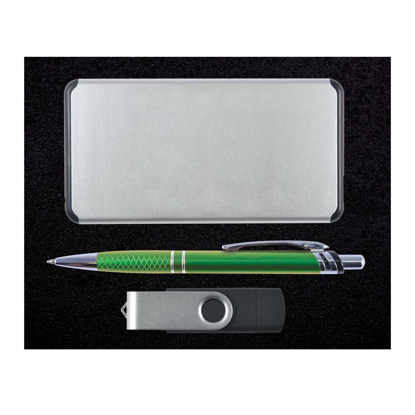 A sleek silver gift box containing a green pen and a USB flash drive.