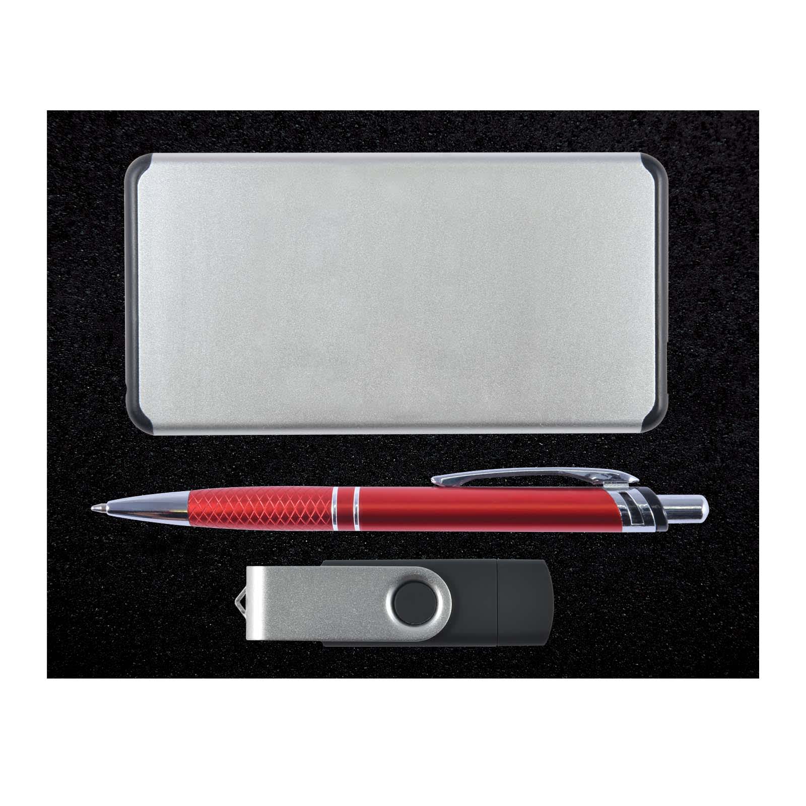 A silver card case, a red and silver pen, and a black USB drive are arranged together in this Harbor Gift Set.