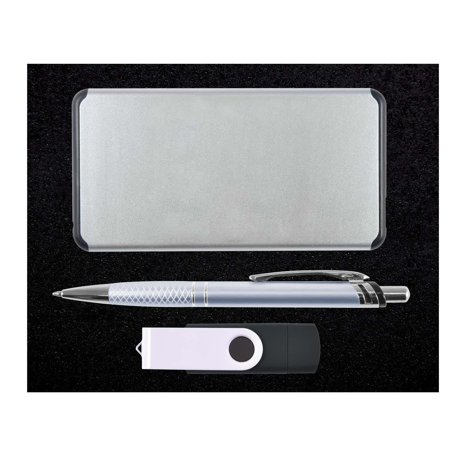 A silver case contains a blue and silver pen, a white and black USB drive, all arranged on a textured black surface.