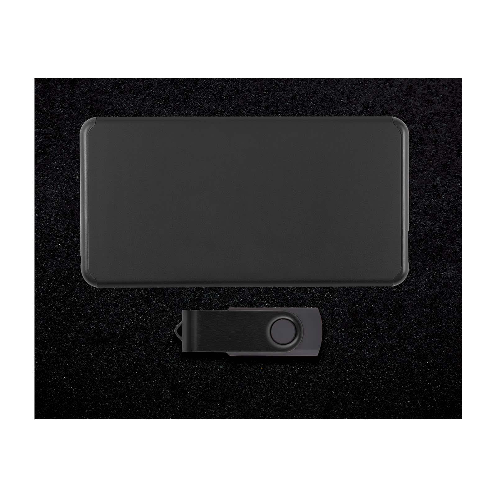 A black power bank and a black USB drive, both designed for technology use. The set features a minimalist style.