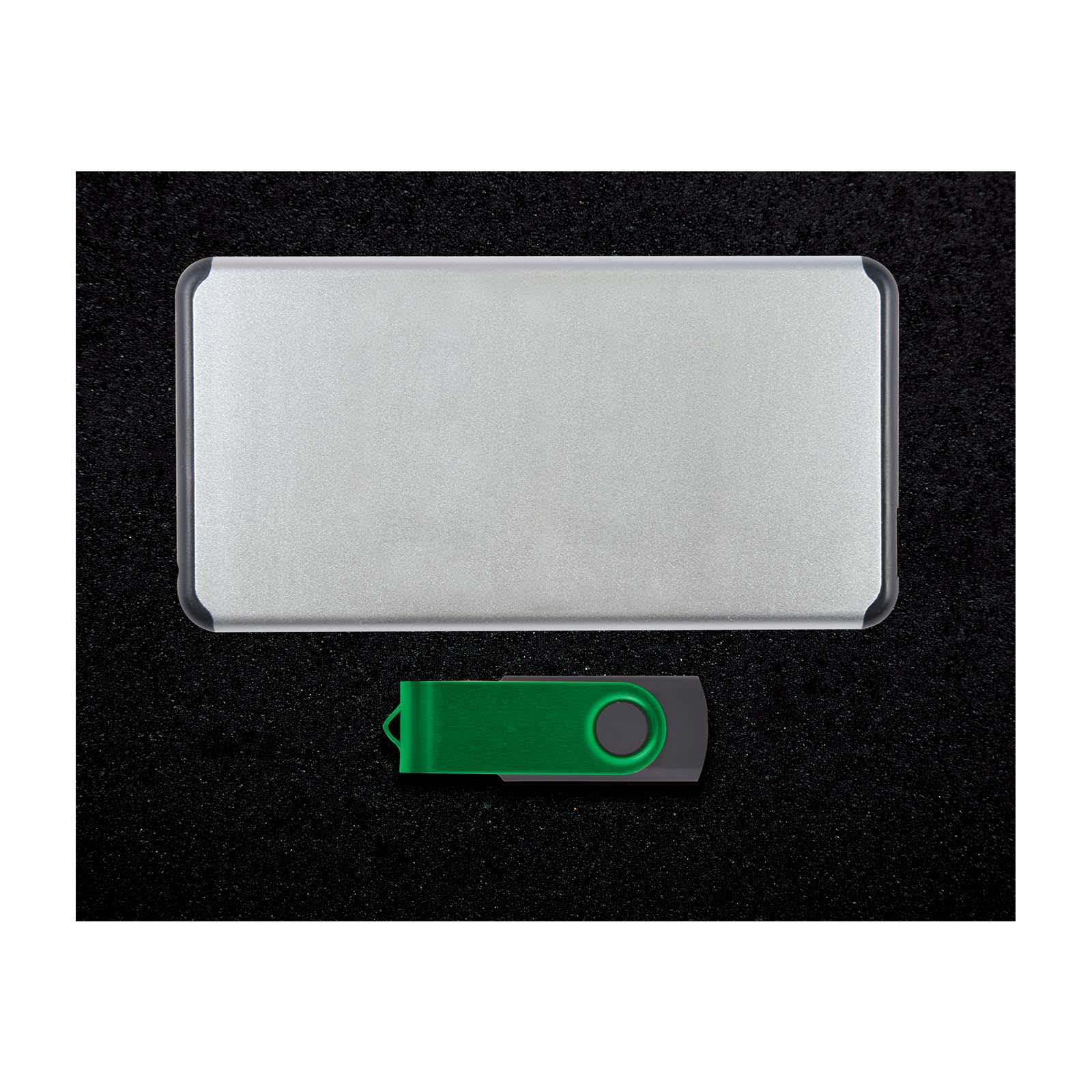 A power bank and a USB flash drive are included in the Jewel Gift Set, featuring sleek silver and green designs.