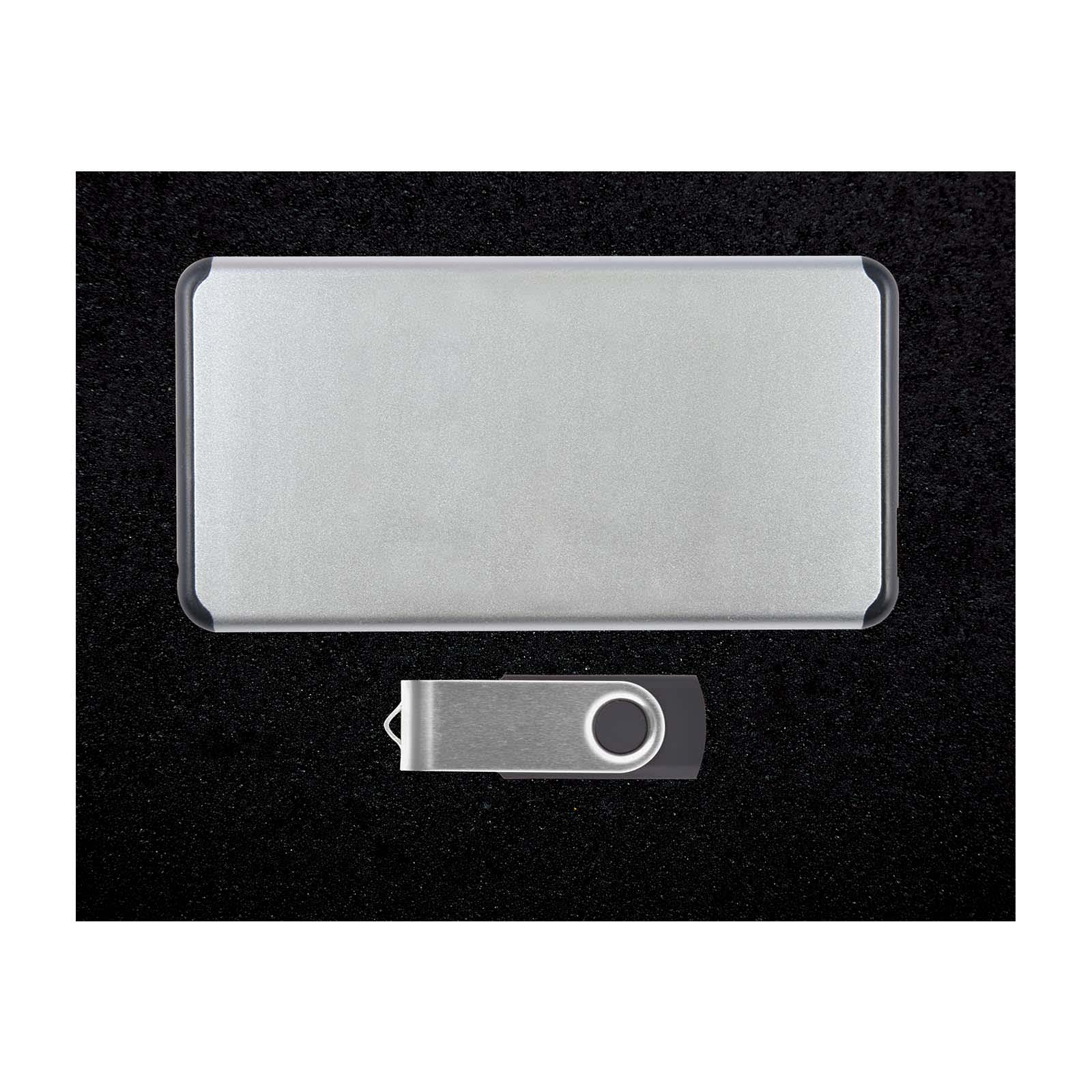 A silver power bank and a USB drive, both presented on a black background, with a sleek design.