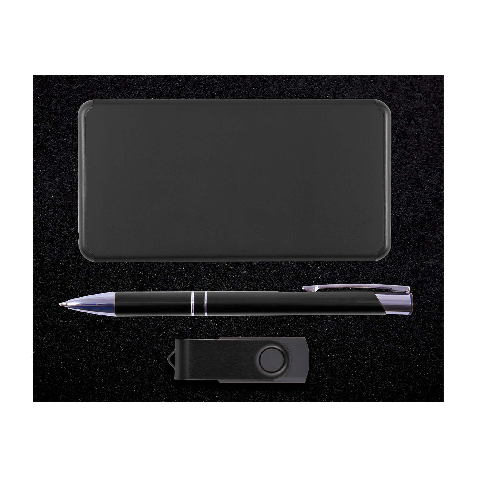 A sleek black pen, a matching black stylus, and a compact cardholder are featured in the Oasis Gift Set.