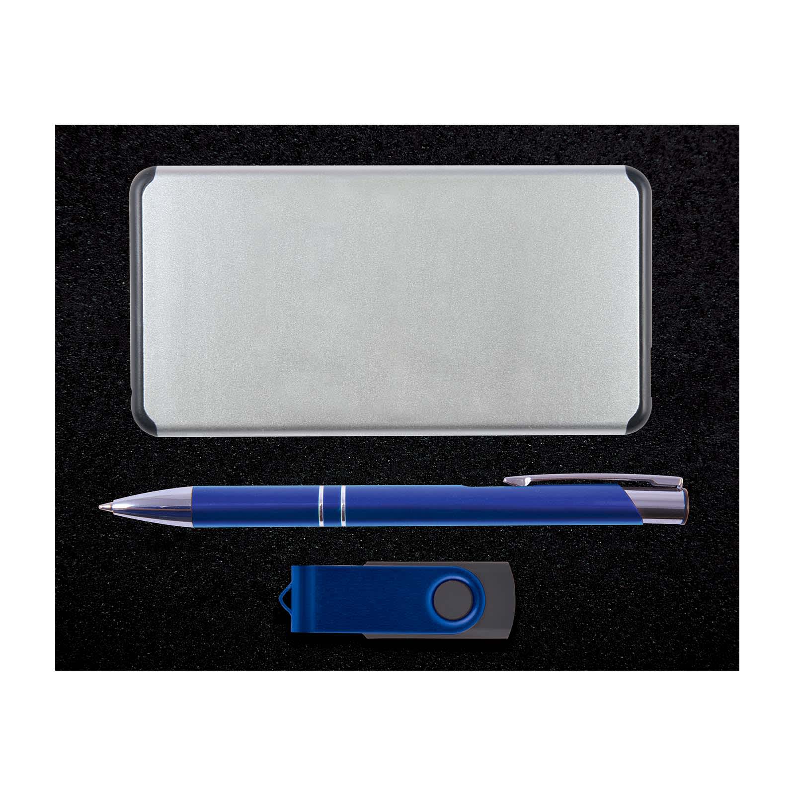 A silver case holds a blue pen and a black USB drive. The set is arranged neatly against a dark background.