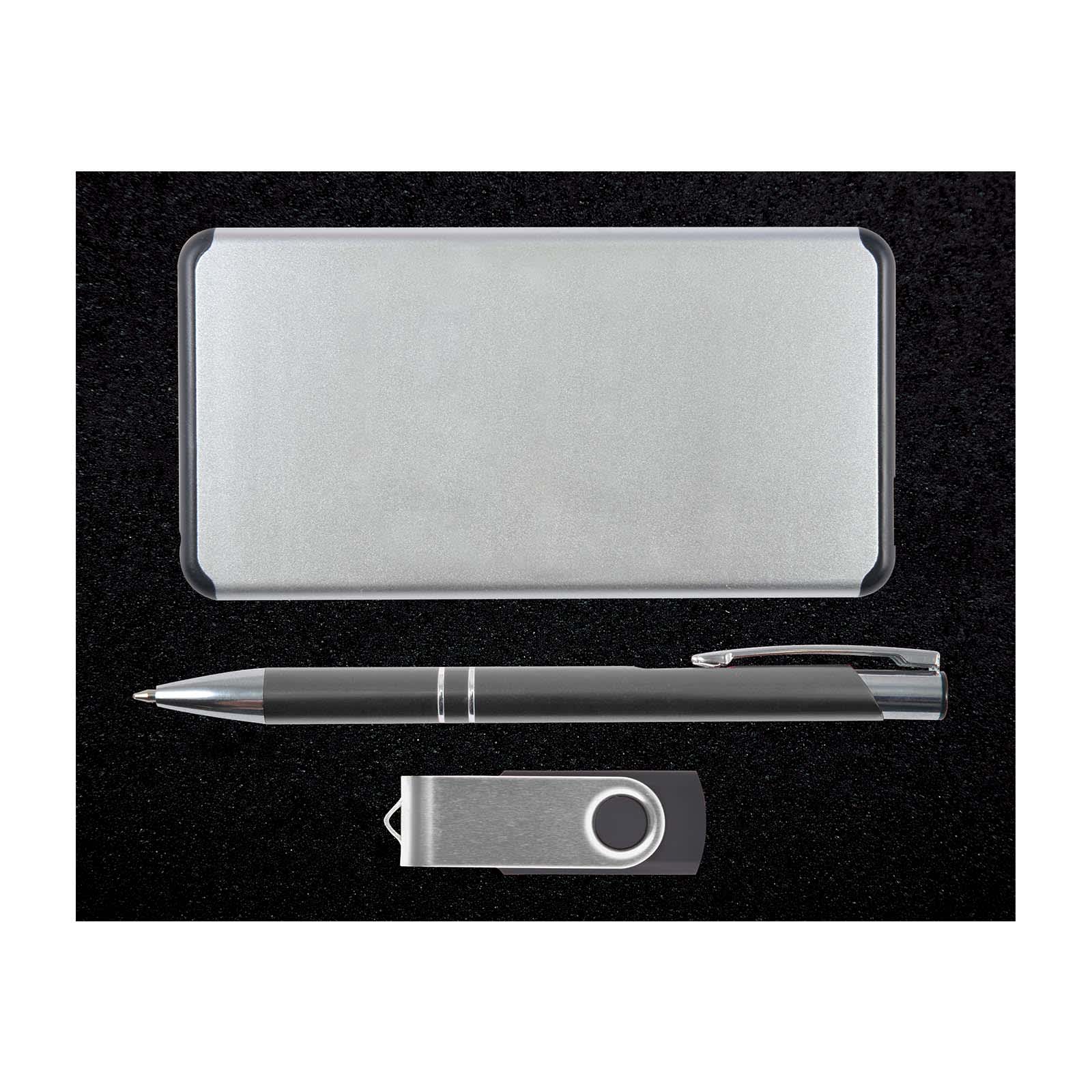 A sleek silver gift set including a business card holder, a stylish pen, and a USB flash drive.
