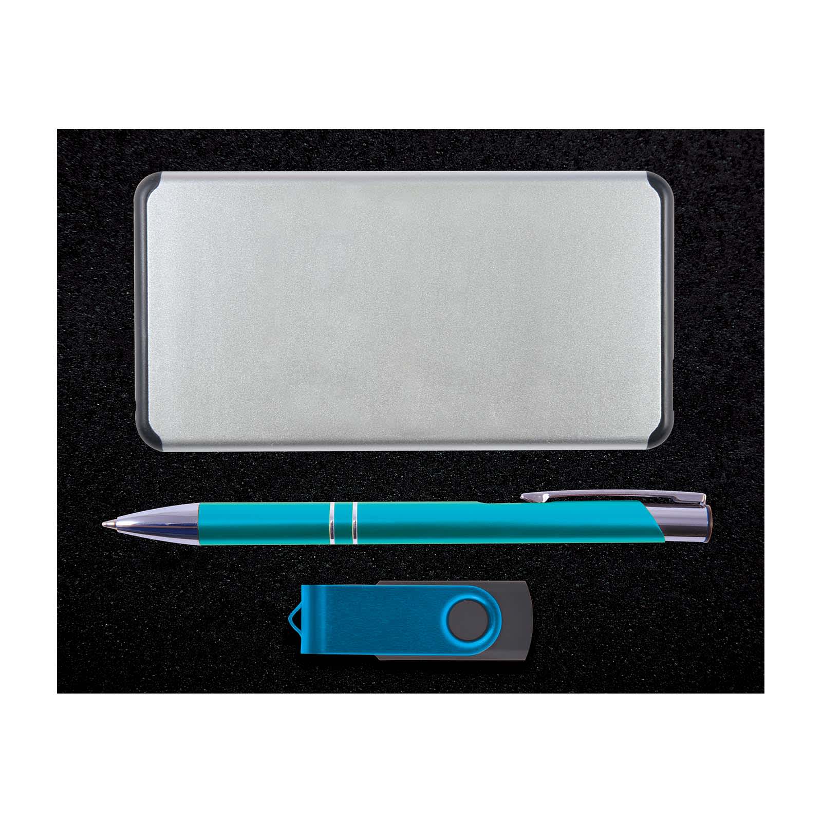 A silver metal case, a teal pen, and a teal USB drive on a black background.