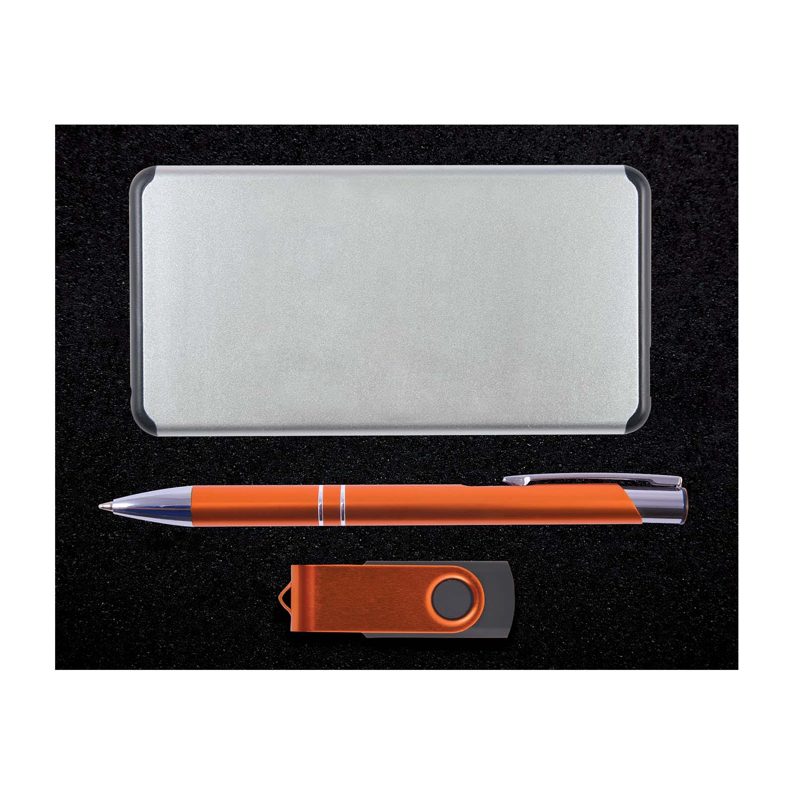 An elegant gift set featuring a sleek metal case, an orange pen, and an orange USB flash drive, all arranged neatly.