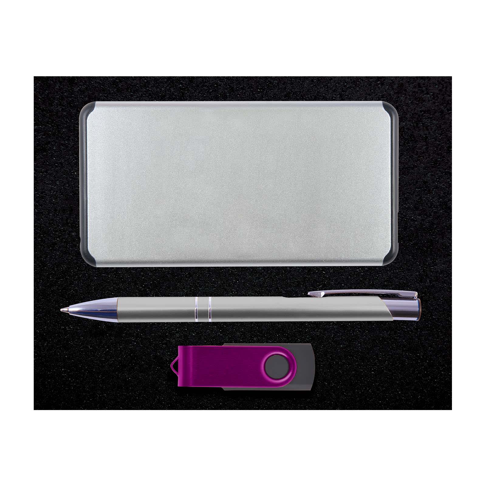 A metallic gift box contains a sleek silver pen, a USB flash drive with a purple cap, and a stylish, minimalist design.