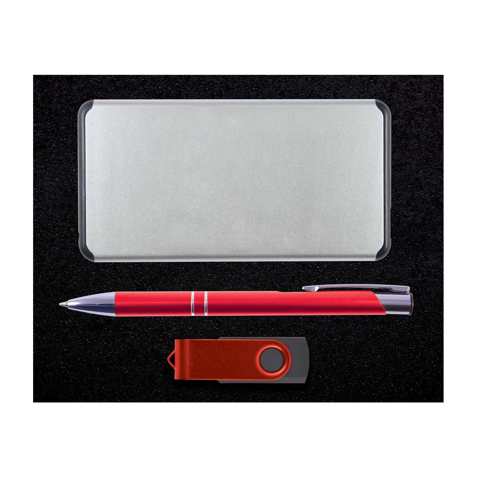 A silver metal gift box contains a stylish red pen and a USB flash drive, presented in a sleek arrangement.
