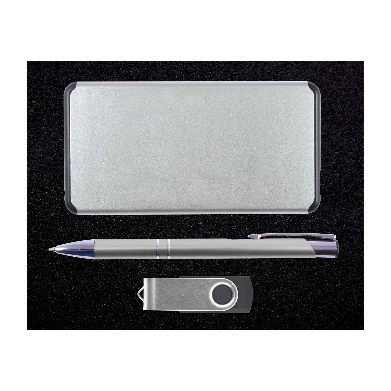 A sleek silver gift set featuring a metal pen, a USB flash drive, and a cardholder.