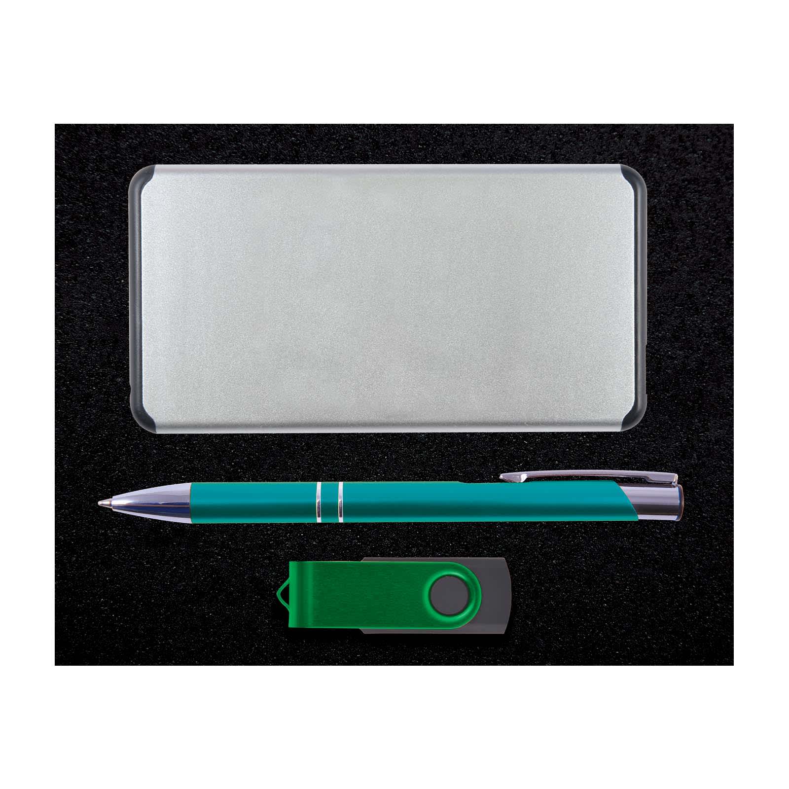 A gift set featuring a sleek silver case, a green pen, and a green USB flash drive.