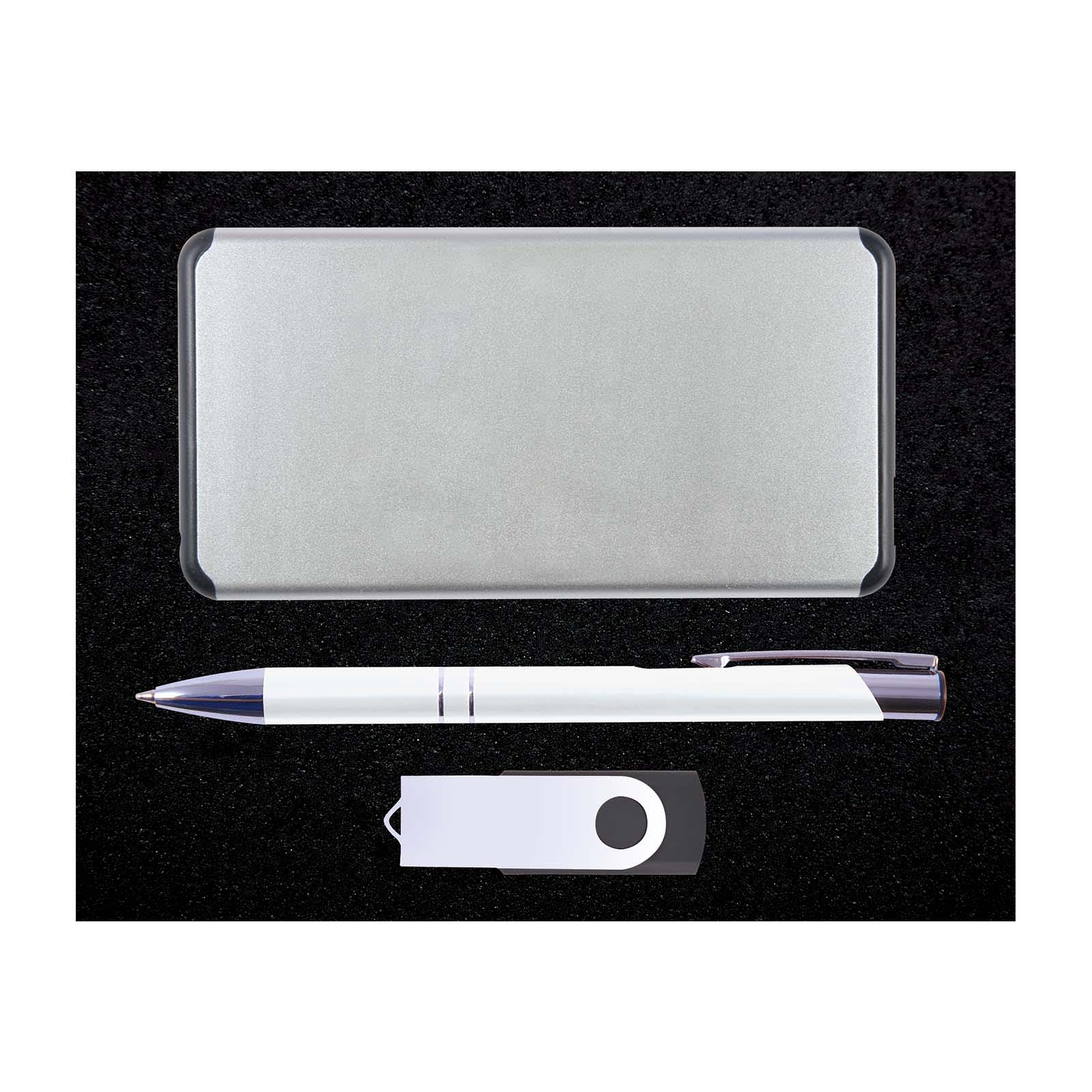 An office gift set featuring a sleek metallic case, a white pen with a silver accent, and a USB flash drive.
