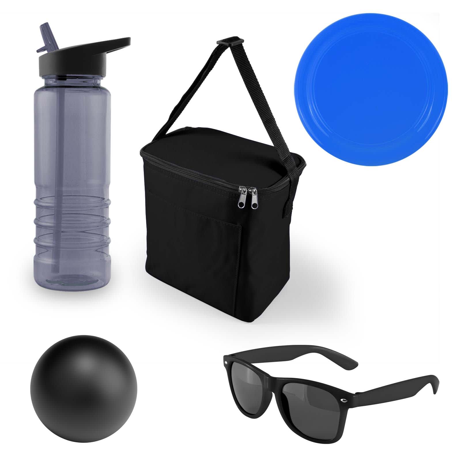 A drink bottle, black cooler bag, blue plate, black ball, and black sunglasses are displayed together.