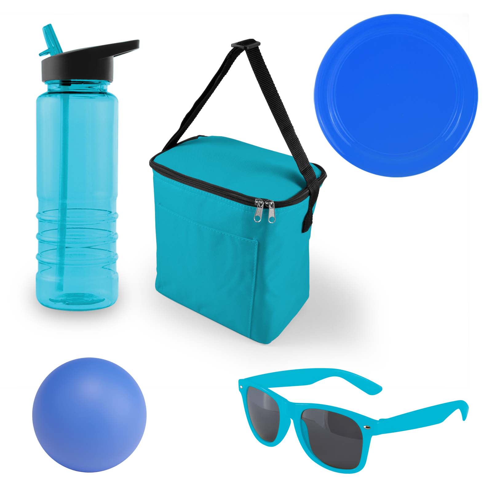 A turquoise cooler bag, blue drink bottle, blue ball, blue plate, and turquoise sunglasses arranged together.