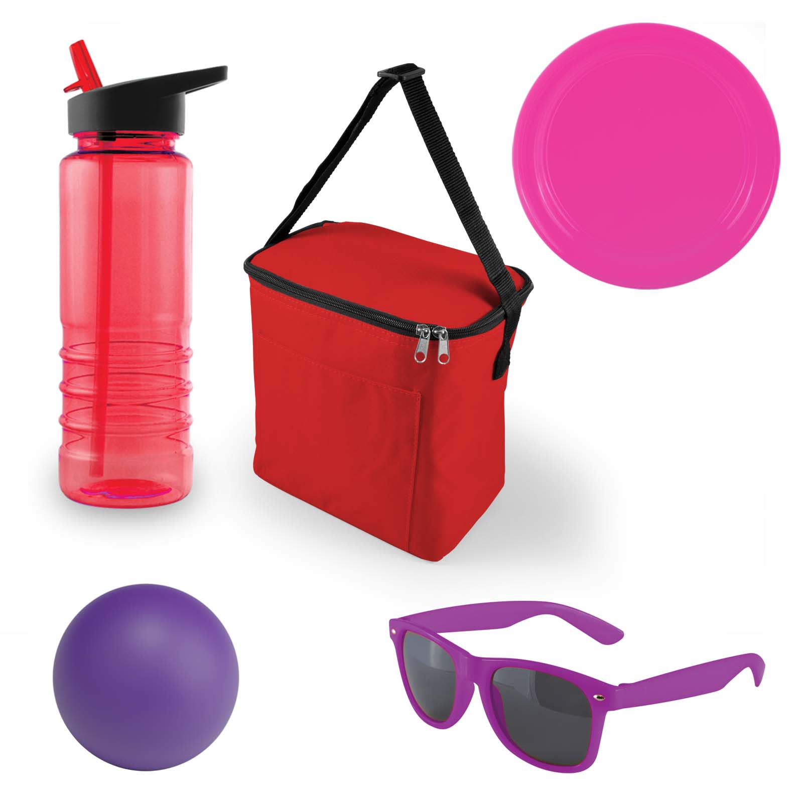 A red cooler bag, a pink drink bottle, a purple ball, a purple pair of sunglasses, and a pink frisbee.