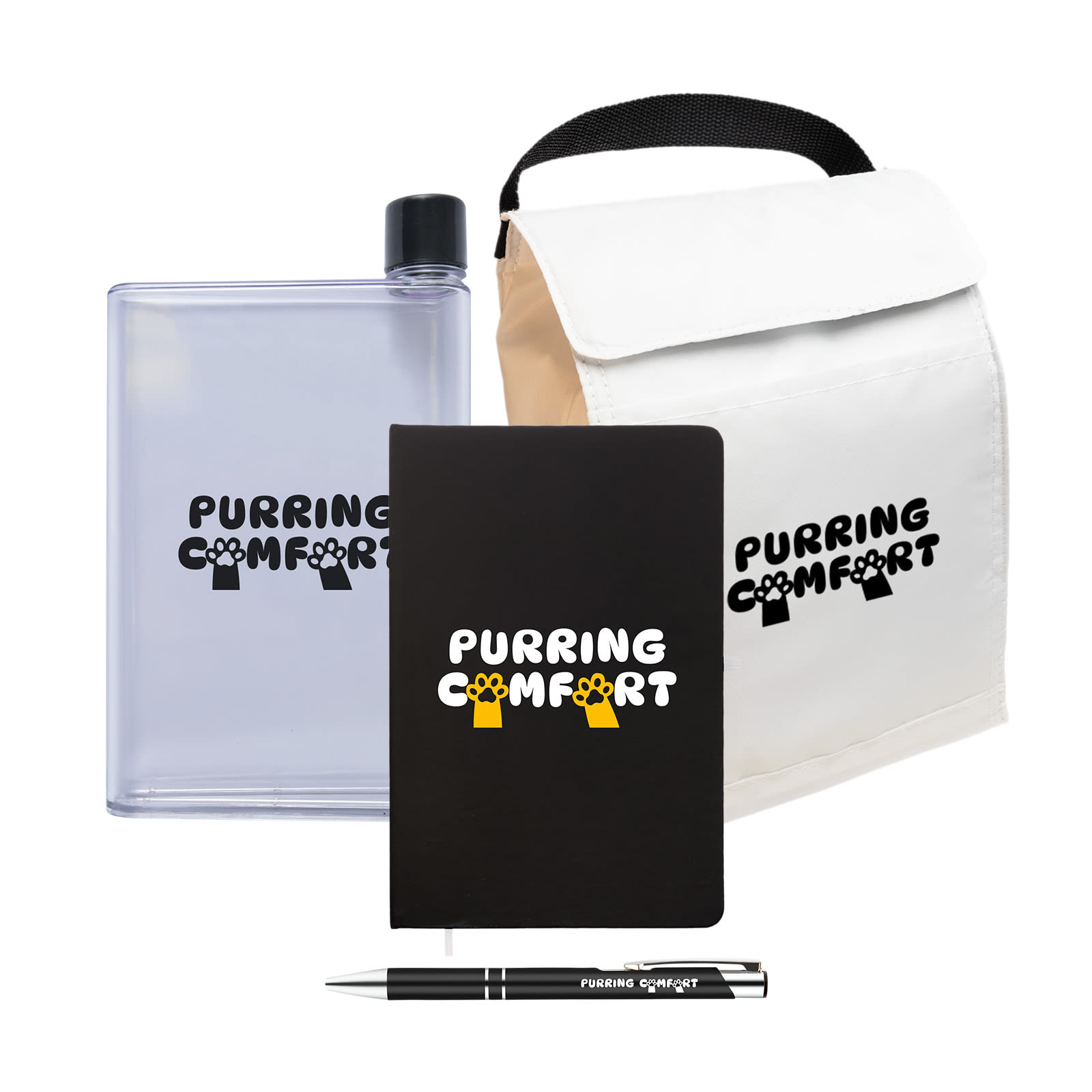 A drink bottle, a black notebook, a pen, and a cooler bag, all featuring the logo 