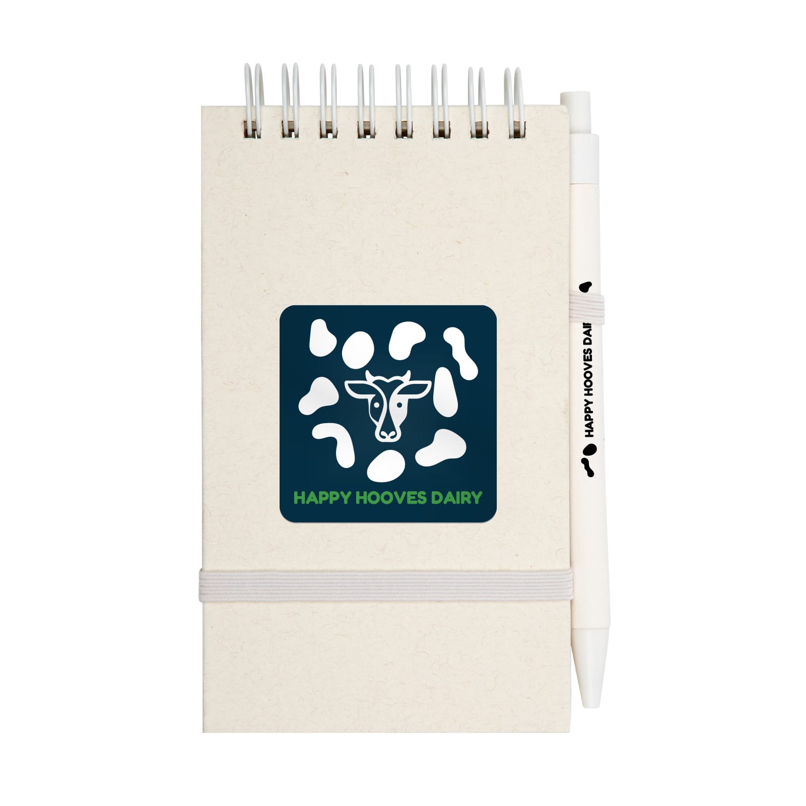 A notepad with a spiral binding and a white pen, featuring a logo on the cover and an elastic band.